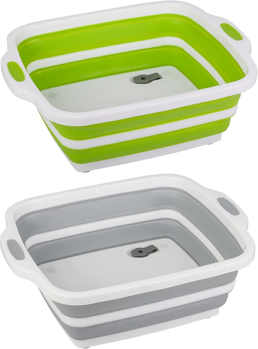 2 Pack Collapsible Cutting Board, oldable Dish Tub with Draining Hole, Portable Chopping Board with Colander, 3 in 1 Multiunction Camping Sink or Washing Dish, Bowl, Vegetables and ruit