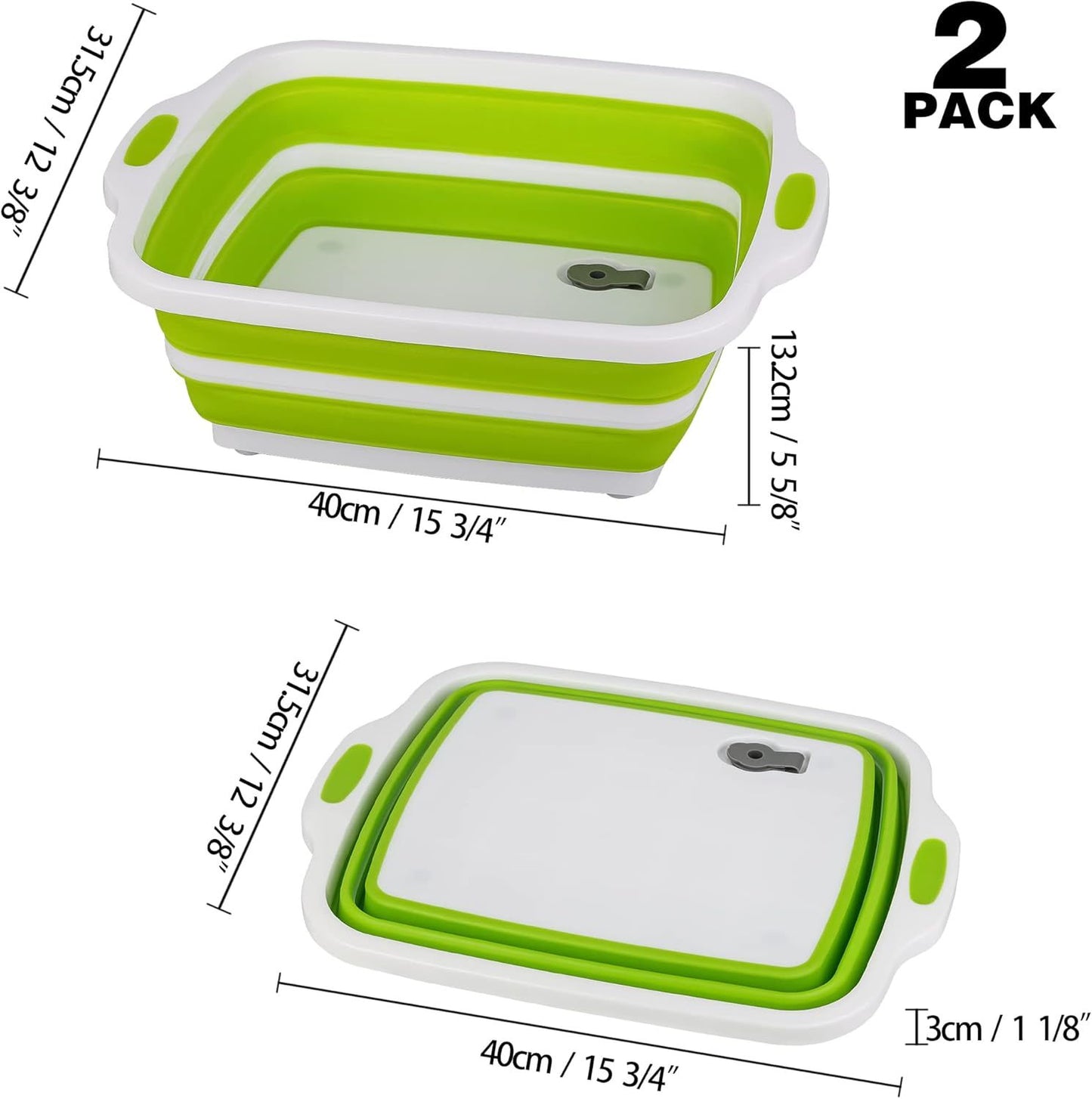 2 Pack Collapsible Cutting Board, oldable Dish Tub with Draining Hole, Portable Chopping Board with Colander, 3 in 1 Multiunction Camping Sink or Washing Dish, Bowl, Vegetables and ruit