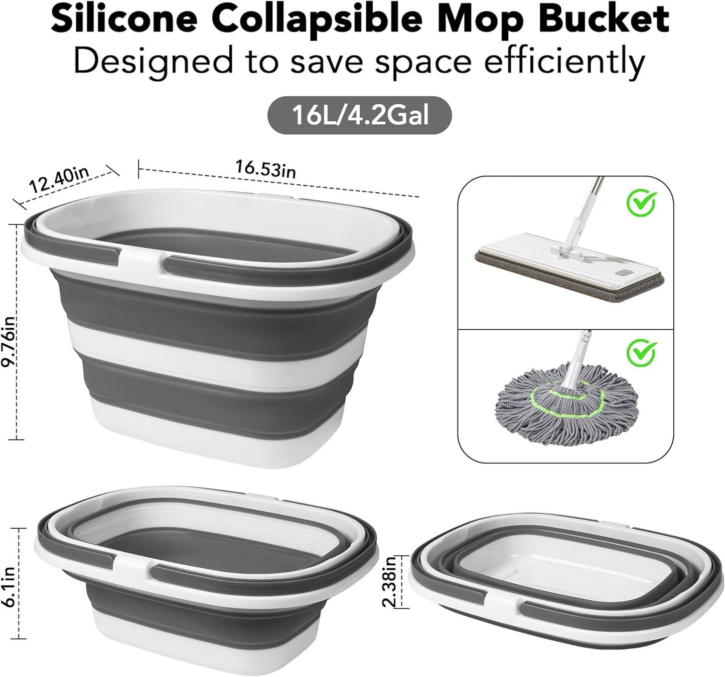 Large Collapsible Mop Bucket, 16L(4.2 Gallon) Plastic Bucket or House Cleaning, Car Washing, Silicone Cleaning Supplier Organizer, Portable Basket with Handle or Laundry Storage, RV Camping, ishing