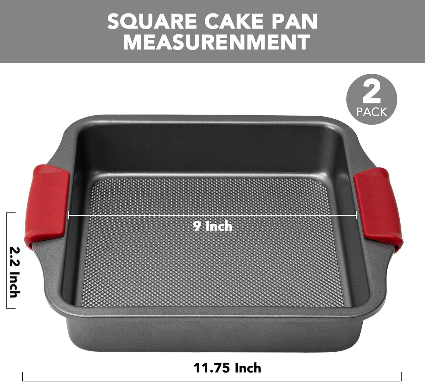 9" Square Cake Pan Set o 2, 0.8mm Thick Heavy Duty Bakeware with Diamond Texture or Even Heating, Nonstick Baking Pan or Bread, Brownies & Lemon Bars, Cake Mold with Silicone Grip Handles