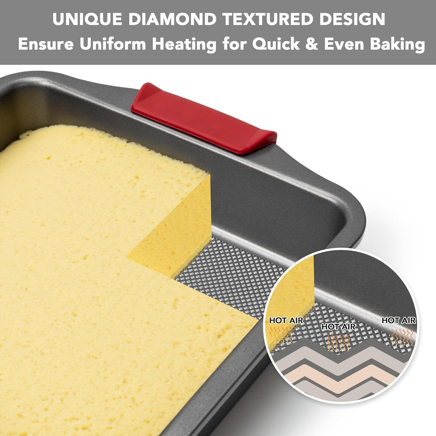 9" Square Cake Pan Set o 2, 0.8mm Thick Heavy Duty Bakeware with Diamond Texture or Even Heating, Nonstick Baking Pan or Bread, Brownies & Lemon Bars, Cake Mold with Silicone Grip Handles