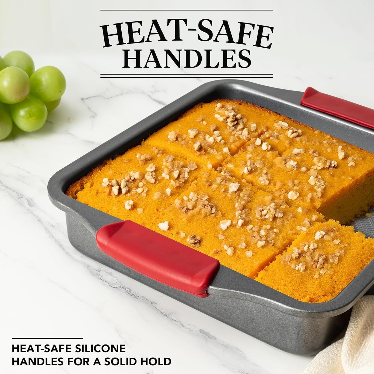 9" Square Cake Pan Set o 2, 0.8mm Thick Heavy Duty Bakeware with Diamond Texture or Even Heating, Nonstick Baking Pan or Bread, Brownies & Lemon Bars, Cake Mold with Silicone Grip Handles