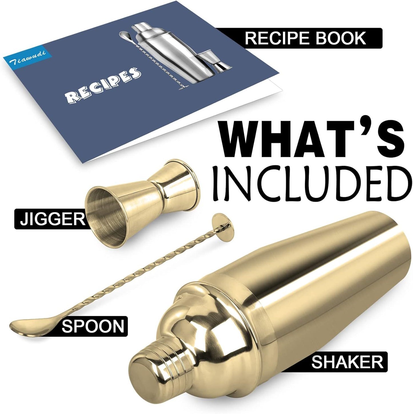 Large 24oz Cocktail Shaker Set, Stainless Steel 18/8 Martini Mixer Shaker with Built-in Strainer, Measuring Jigger & Mixing Spoon, Martini Shaker Set, Perect or Bartender and Home Use, Gold