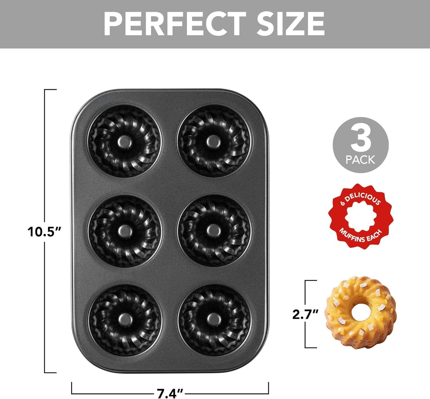 Mini luted Tube Cake Pan, 6 Cavity Baking Pan, Non-stick Baking Mold or Cupcakes, Donuts, Cornbread, Brownies, Jellies, Set o 3