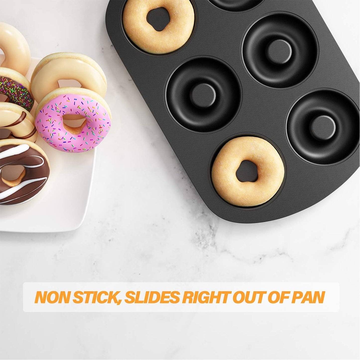Non-Stick 6-Cavity Donut Baking Pans, Makes Individual ull-Sized 3 1/4" Donuts, Set o 3