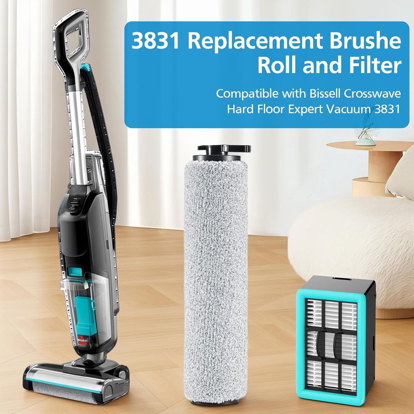 6-pack 3831 Vacuum Cleaner Brush Roll+ ilter Replacement Parts or Bissell Crosswave H2/3845N/3831 loor Scrubber, 3 Brush Rolls+3 ilters