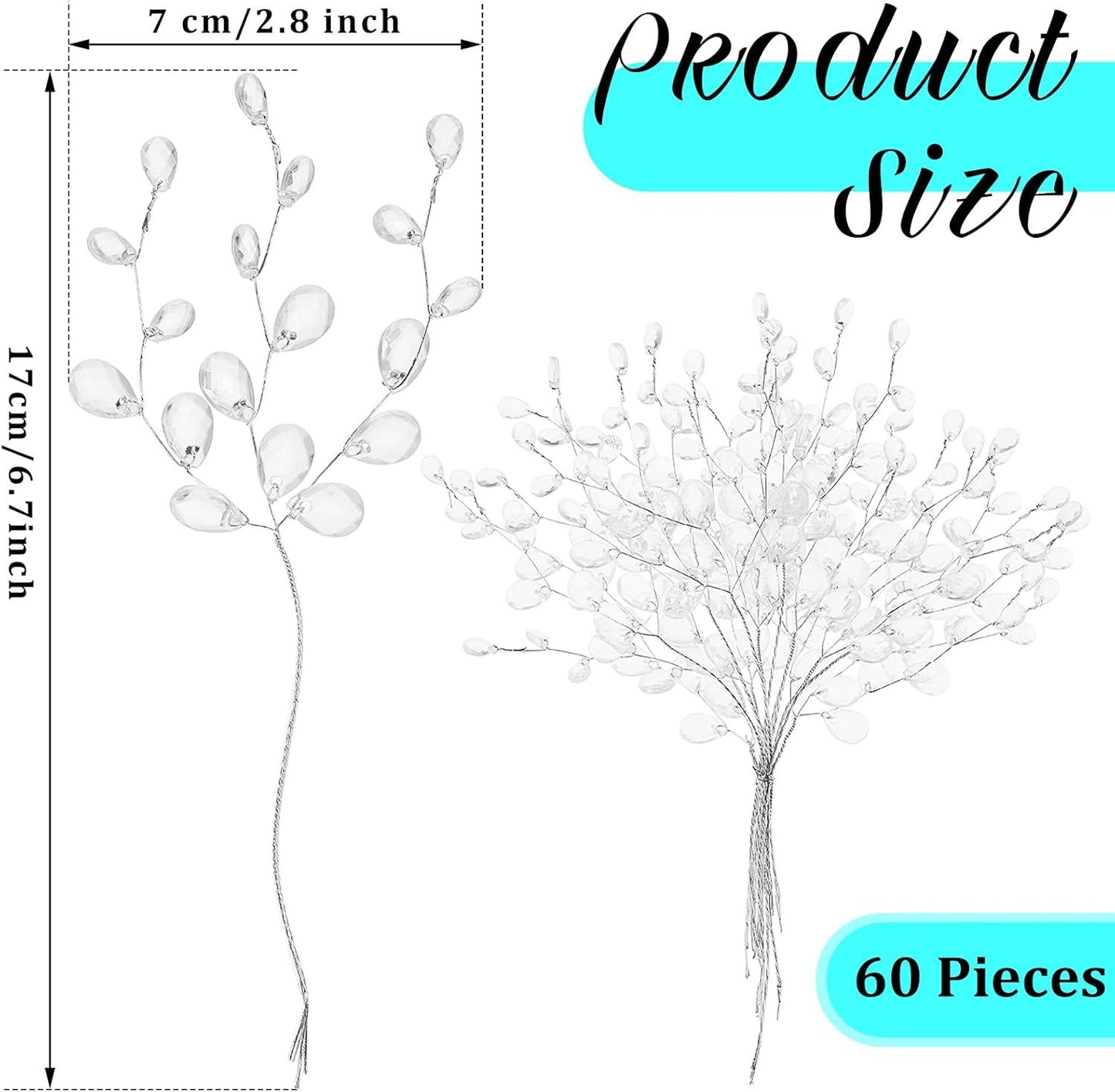 60 Pieces Artiicial Bouquets with Acrylic Bead Drop Crystal lower Stem Branches Beaded String Bridal Picks, Decoration or Wedding DIY Crats