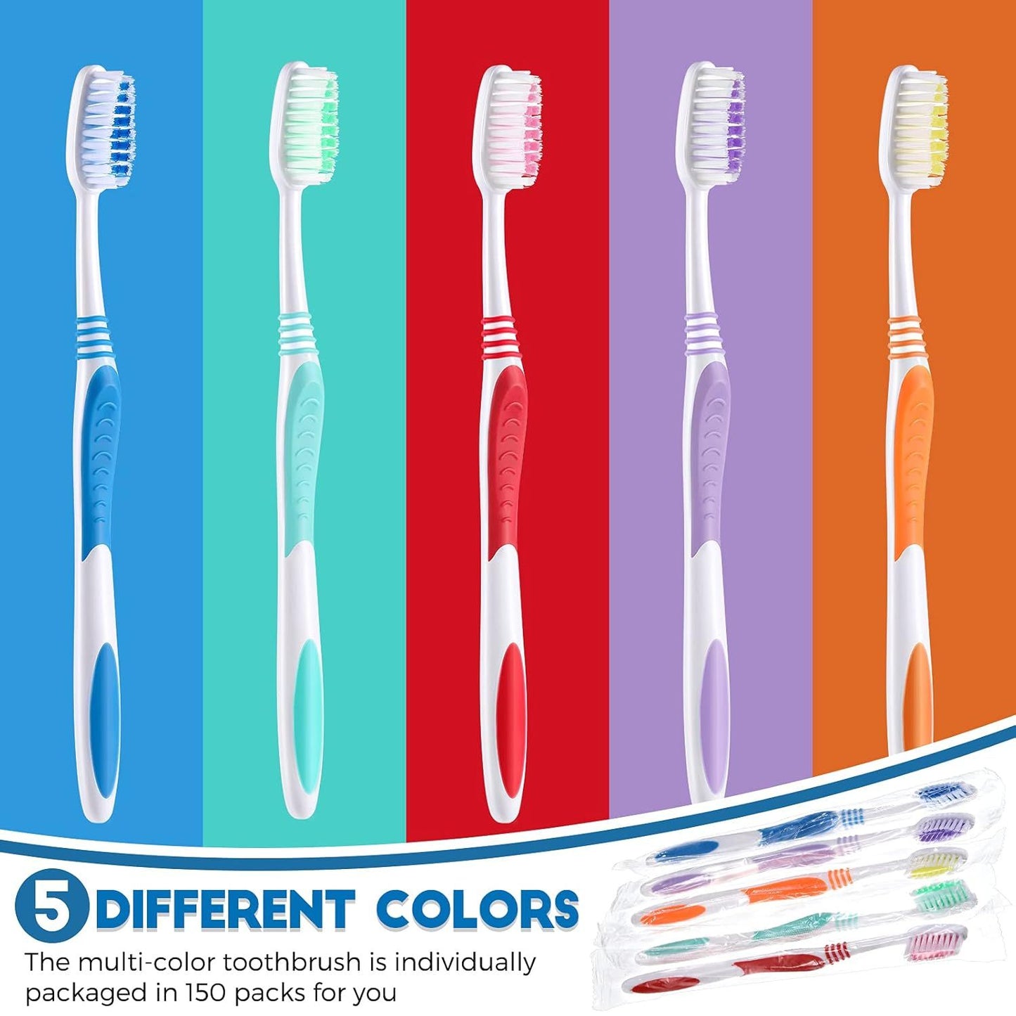 150 Pieces Individually Wrapped Toothbrushes Manual Disposable Travel Toothbrush Medium Sot Bristle Tooth Brush Travel Toothbrush Bulk Toothbrushes or Hotel, Guest, Adults, Kids, Multi Color