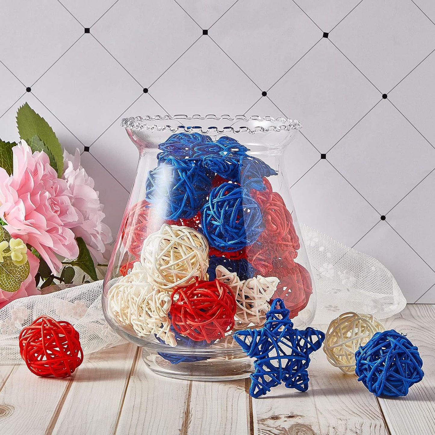 30 Pcs 4th o July Rattan Ball Decorations, Patriotic Red Blue White Stars or USA 250th Anniversary Home Decor Memorial Independence Day Crat Vase Bowl iller Table Party Decorative Supplies
