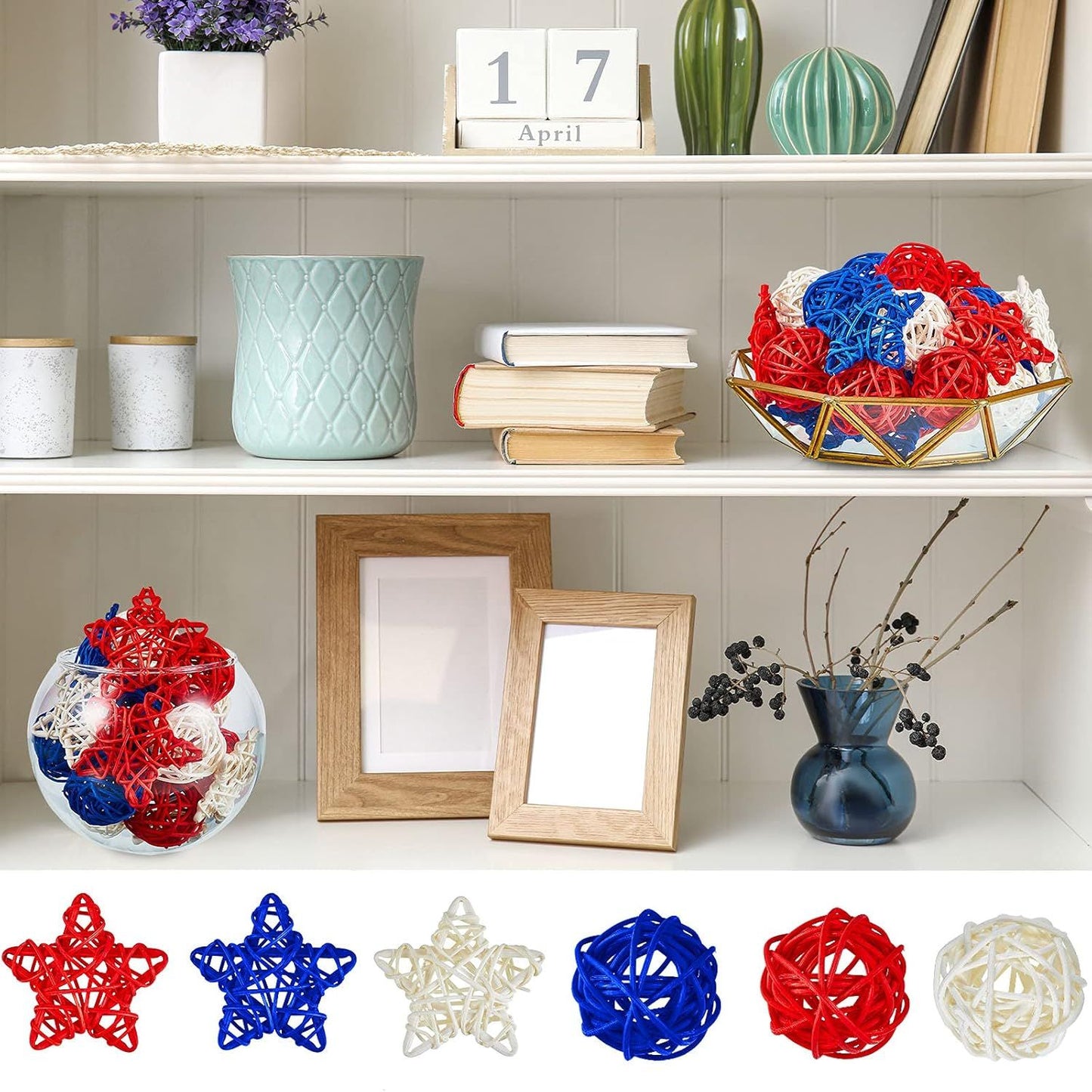 30 Pcs 4th o July Rattan Ball Decorations, Patriotic Red Blue White Stars or USA 250th Anniversary Home Decor Memorial Independence Day Crat Vase Bowl iller Table Party Decorative Supplies