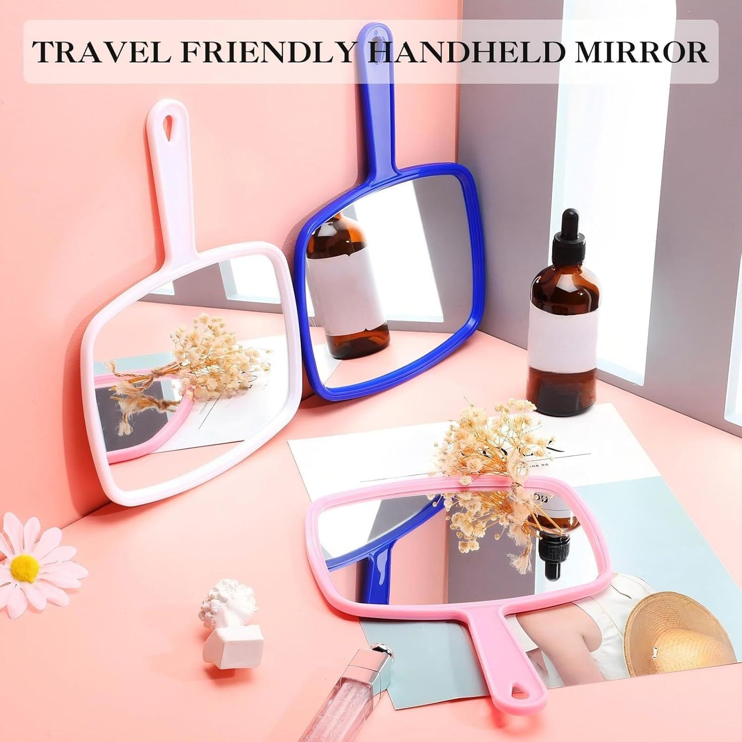 3 Pcs Hand Handheld Mirrors with Handle Bulk, Small Portable Salon Barber Hairdressing Vanity Cosmetic Mirror or Travel, Home, Square(9.17 x 6.53 Inch,Blue, White, Pink)