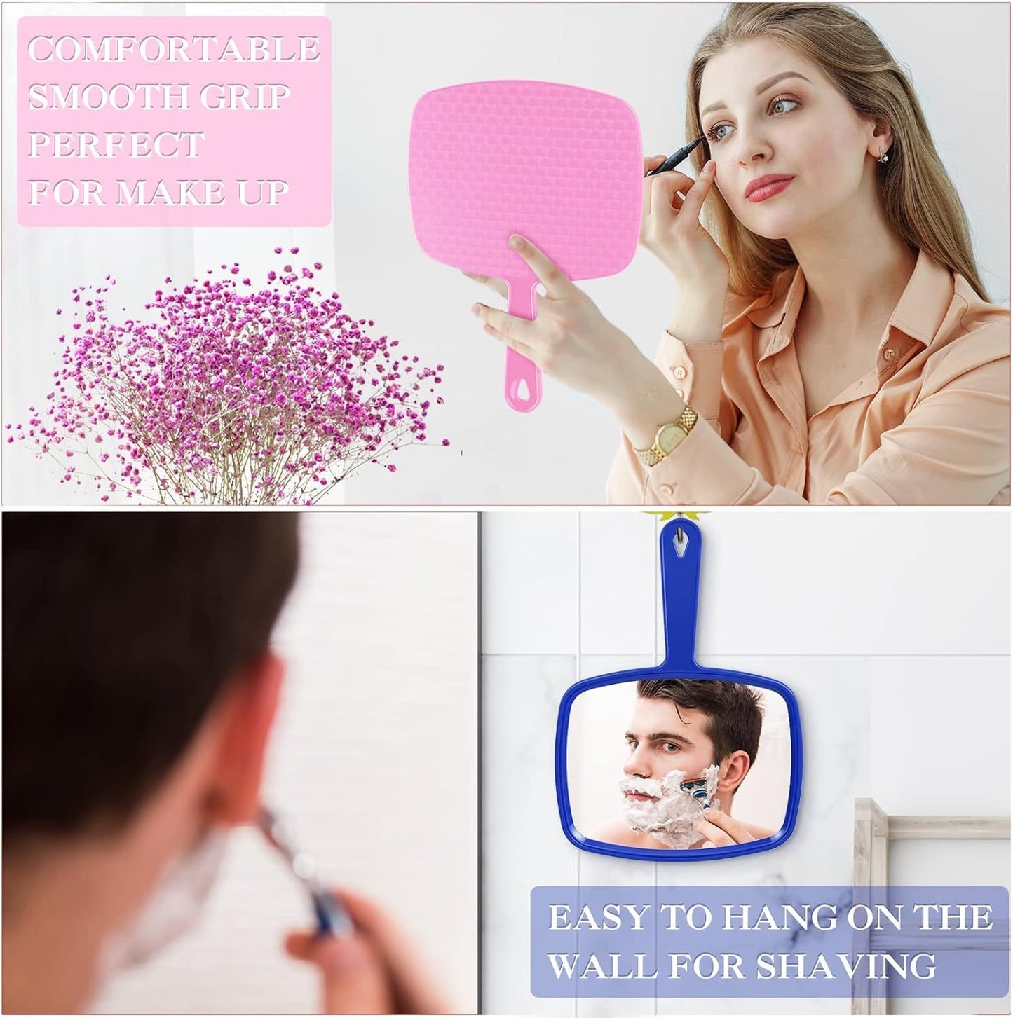 3 Pcs Hand Handheld Mirrors with Handle Bulk, Small Portable Salon Barber Hairdressing Vanity Cosmetic Mirror or Travel, Home, Square(9.17 x 6.53 Inch,Blue, White, Pink)