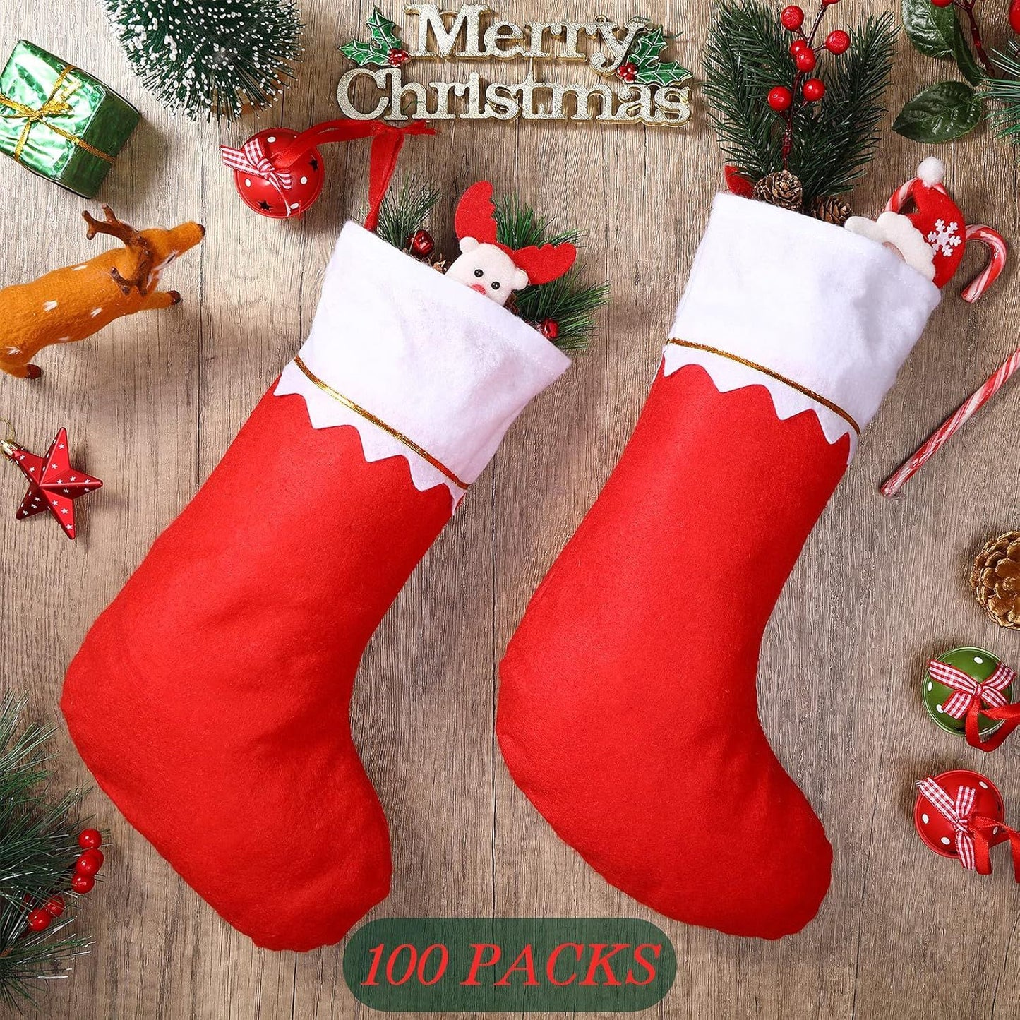 100 Pieces elt Christmas Stockings 15 Inch Party avors Stockings Xmas Decoration Stocking Rustic Santa Stocking or Christmas(Red with White Trim)