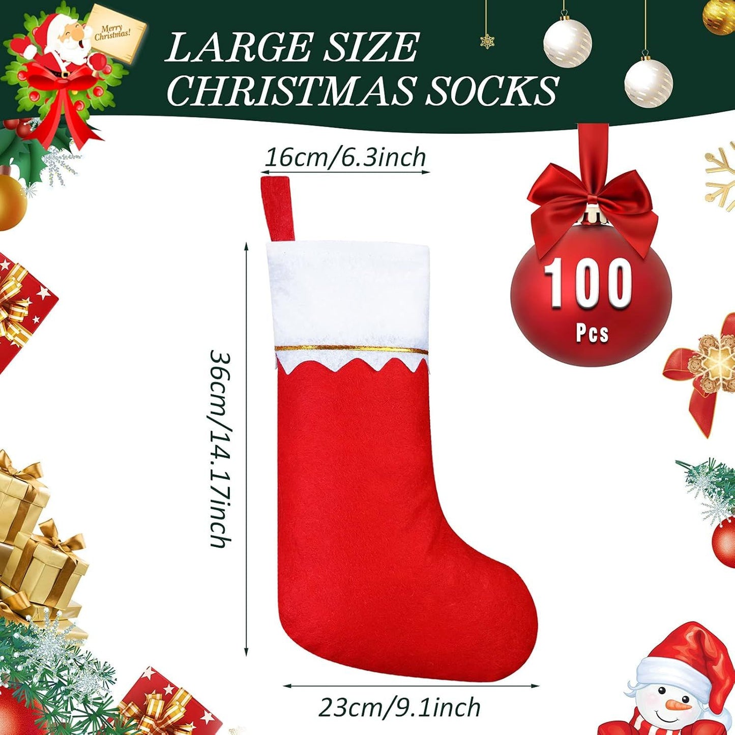 100 Pieces elt Christmas Stockings 15 Inch Party avors Stockings Xmas Decoration Stocking Rustic Santa Stocking or Christmas(Red with White Trim)