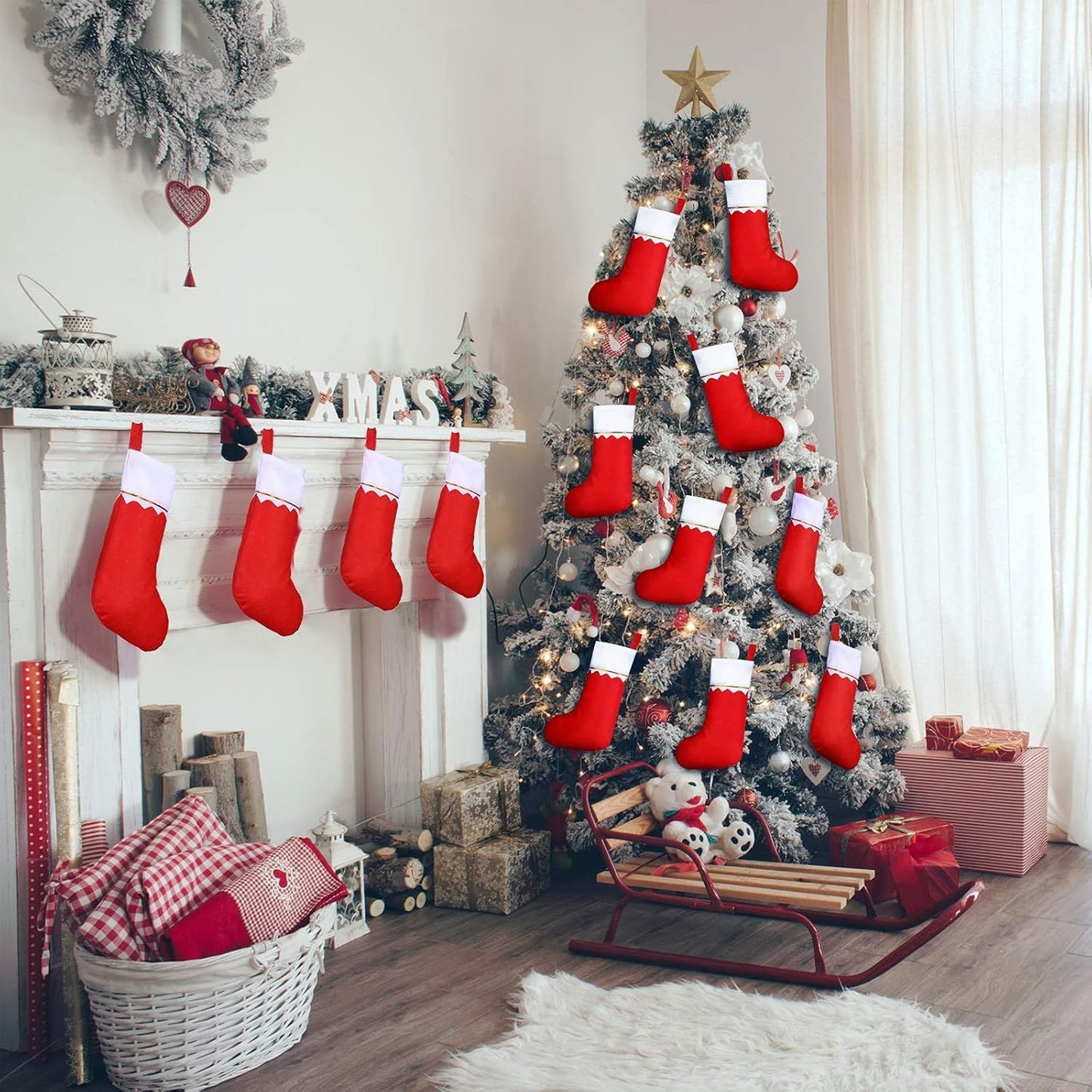 100 Pieces elt Christmas Stockings 15 Inch Party avors Stockings Xmas Decoration Stocking Rustic Santa Stocking or Christmas(Red with White Trim)