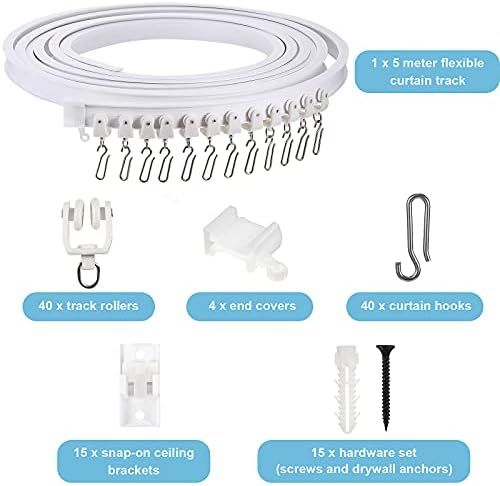 lexible Bendable Ceiling Curtain Track, 9.8t/16.4t(5m), Ceiling Mount or Curtain Rail with Track, Room Divider(5 m,White)