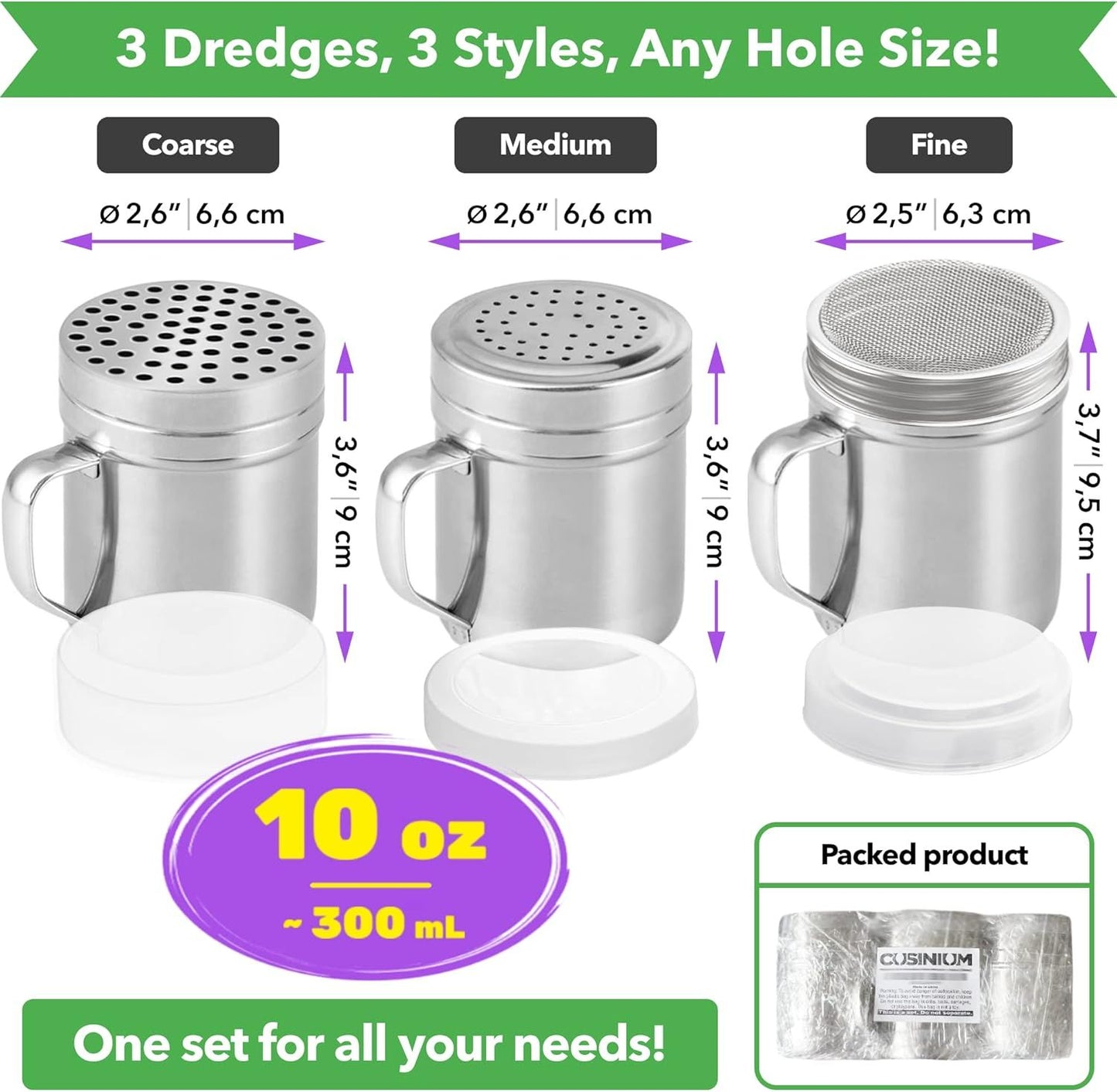 [Set o 3] 10oz Stainless Steel Dredges With Handle - ine Mesh + Medium Holes + Large Holes (or Coarse Seasonings)