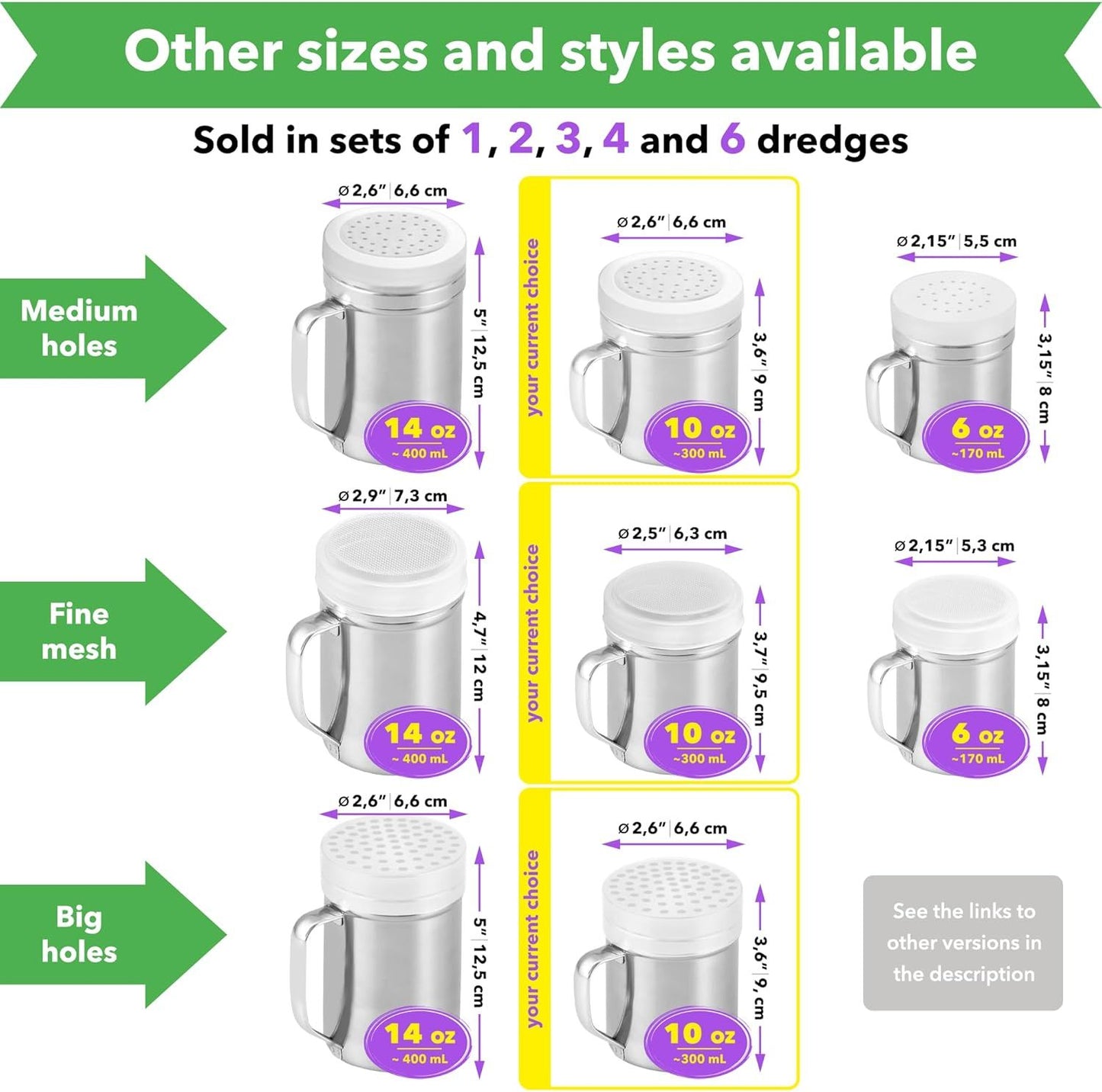 [Set o 3] 10oz Stainless Steel Dredges With Handle - ine Mesh + Medium Holes + Large Holes (or Coarse Seasonings)