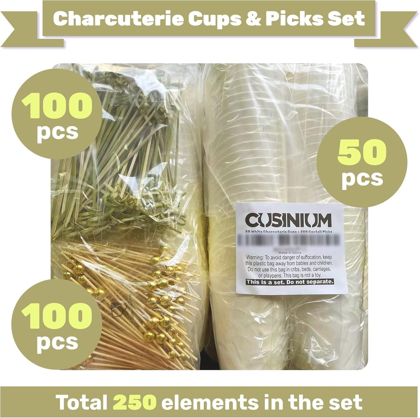 50pk 14oz White Charcuterie Cups with 200 Sticks (2 Types) - Wide Enlarged Top Cutout or Better Display - White Paper Charcuterie Board Cups Set