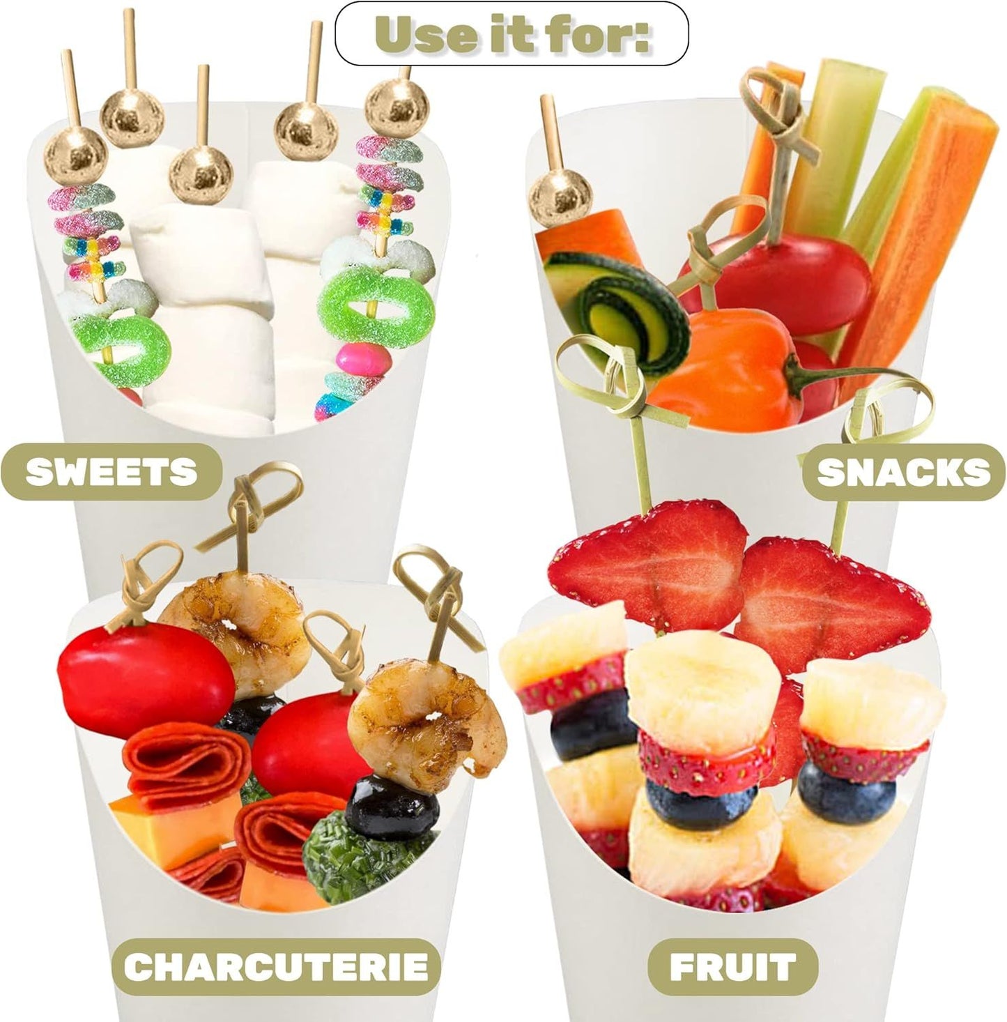 50pk 14oz White Charcuterie Cups with 200 Sticks (2 Types) - Wide Enlarged Top Cutout or Better Display - White Paper Charcuterie Board Cups Set