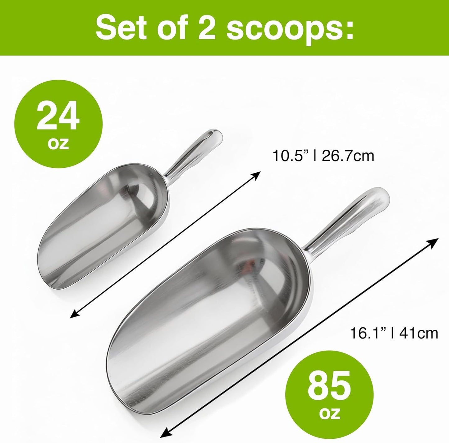 [Set o 2] 24oz + 85oz Metal Scoops or Ice Machine - Large Aluminum Ice Scoop Bundle - Hand Wash Only