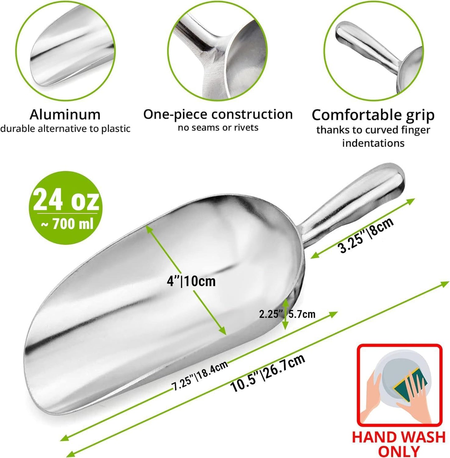 [Set o 2] 24oz + 85oz Metal Scoops or Ice Machine - Large Aluminum Ice Scoop Bundle - Hand Wash Only