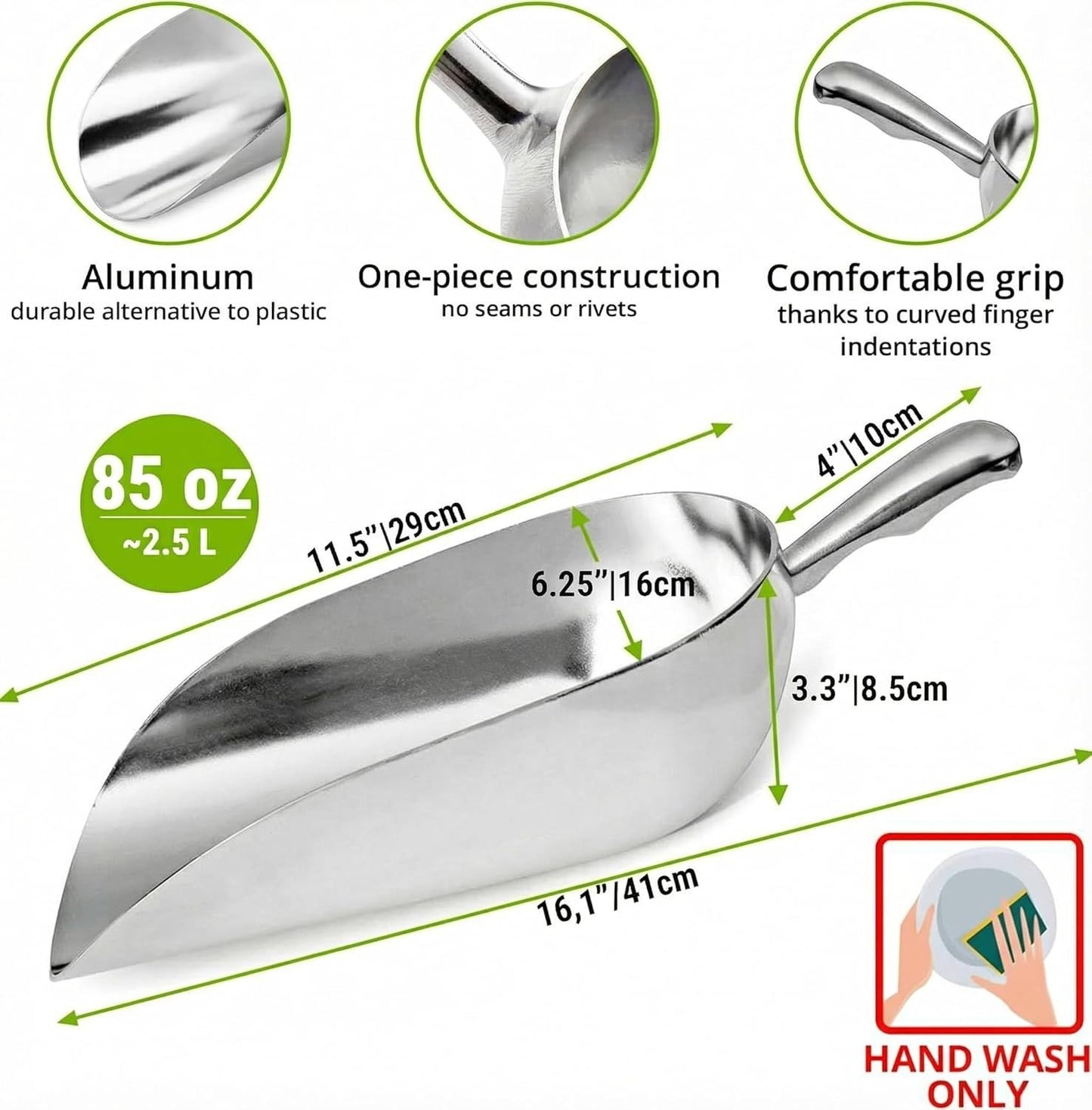 [Set o 2] 24oz + 85oz Metal Scoops or Ice Machine - Large Aluminum Ice Scoop Bundle - Hand Wash Only