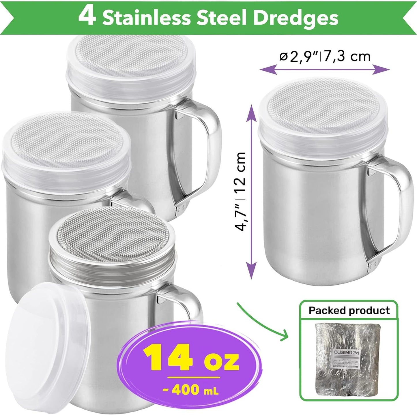 14 Ounce Powdered Sugar Shaker Duster With Handle - ine Mesh - With Plastic Cap - Pack o 4