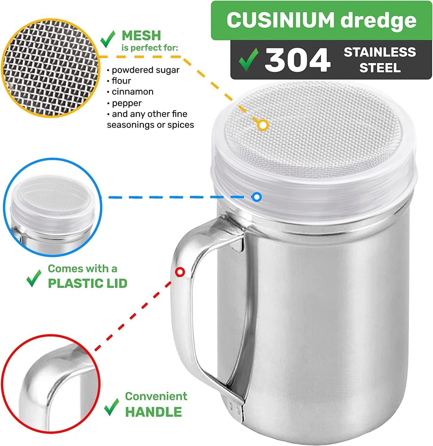 14 Ounce Powdered Sugar Shaker Duster With Handle - ine Mesh - With Plastic Cap - Pack o 4