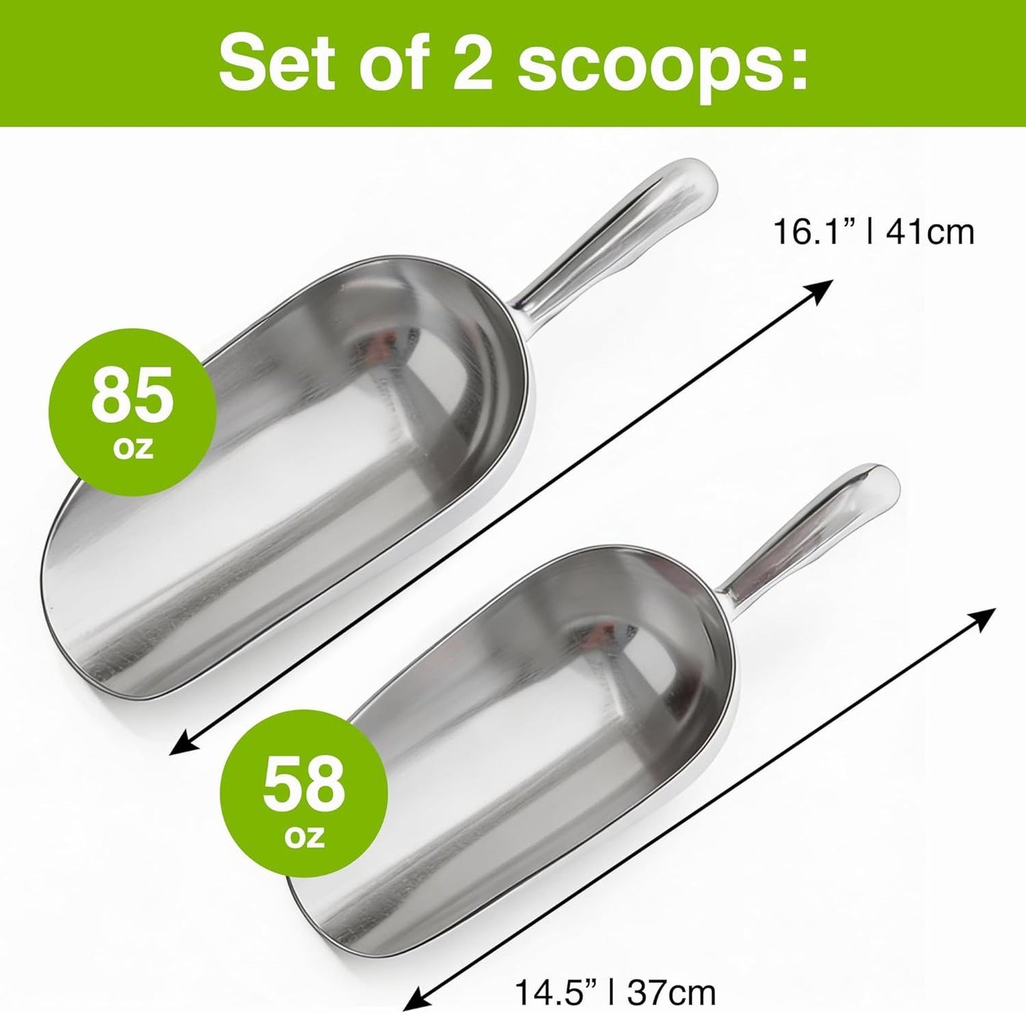 [2-Pack] 58oz + 85oz Metal Scoops or Ice Machine - Large Aluminum Ice Scoop Set - Hand Wash Only