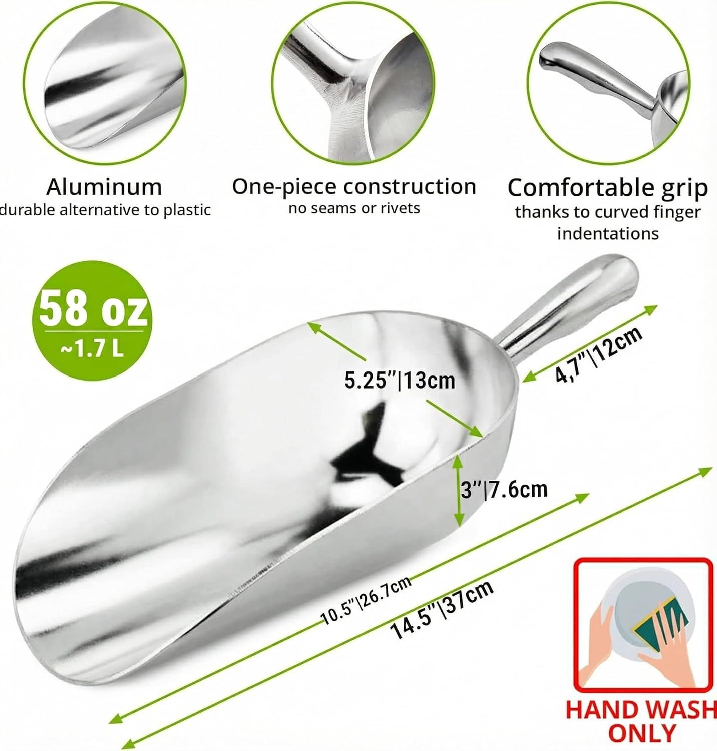 [2-Pack] 58oz + 85oz Metal Scoops or Ice Machine - Large Aluminum Ice Scoop Set - Hand Wash Only