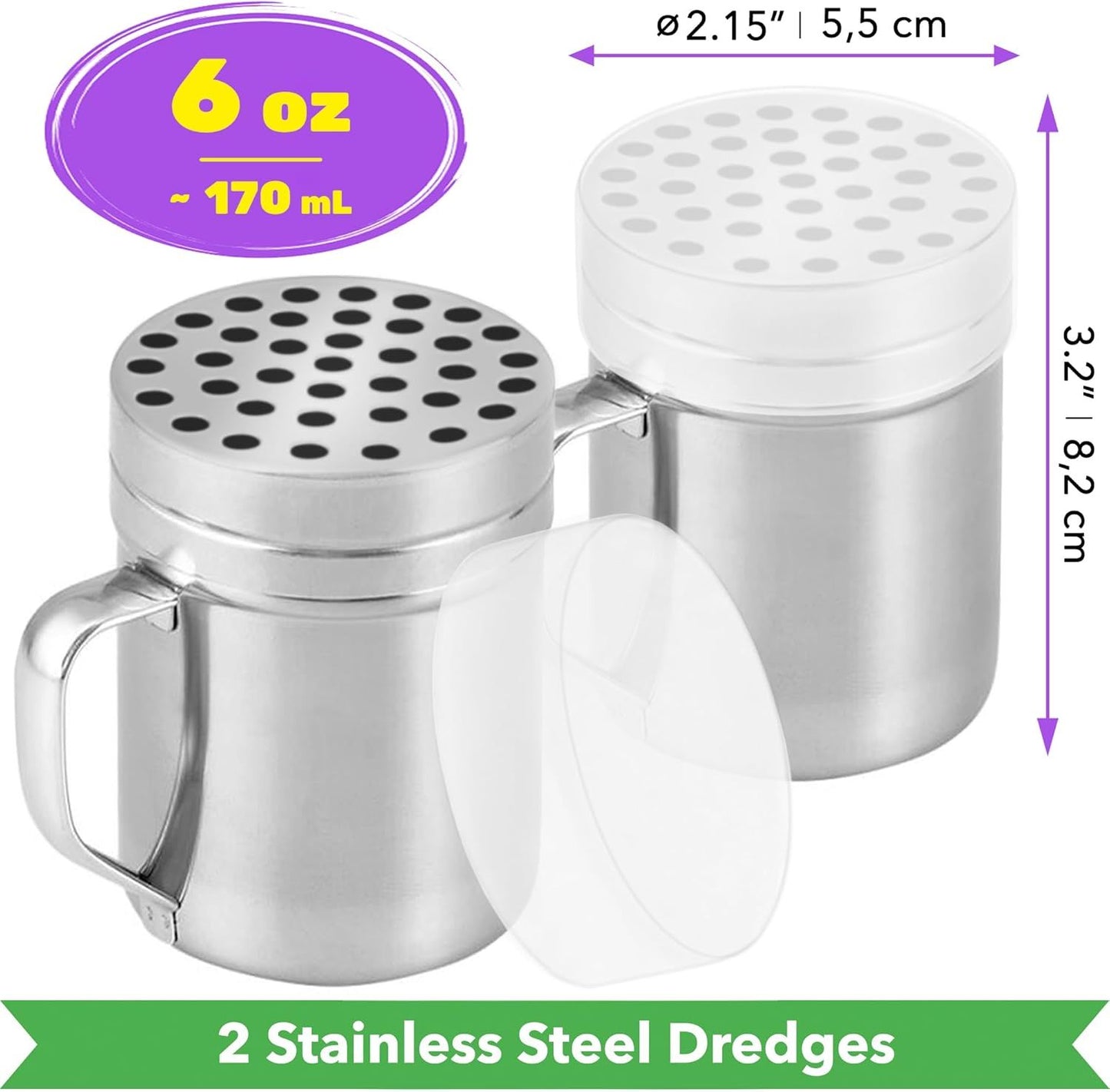 [2-pcs] 6 oz Metal Parmesan Cheese Shakers (Large Holes) + [2-pcs] 6 oz Stainless Steel Salt Pepper Dredge Shakers - All with Plastic Caps and Handles Bundle