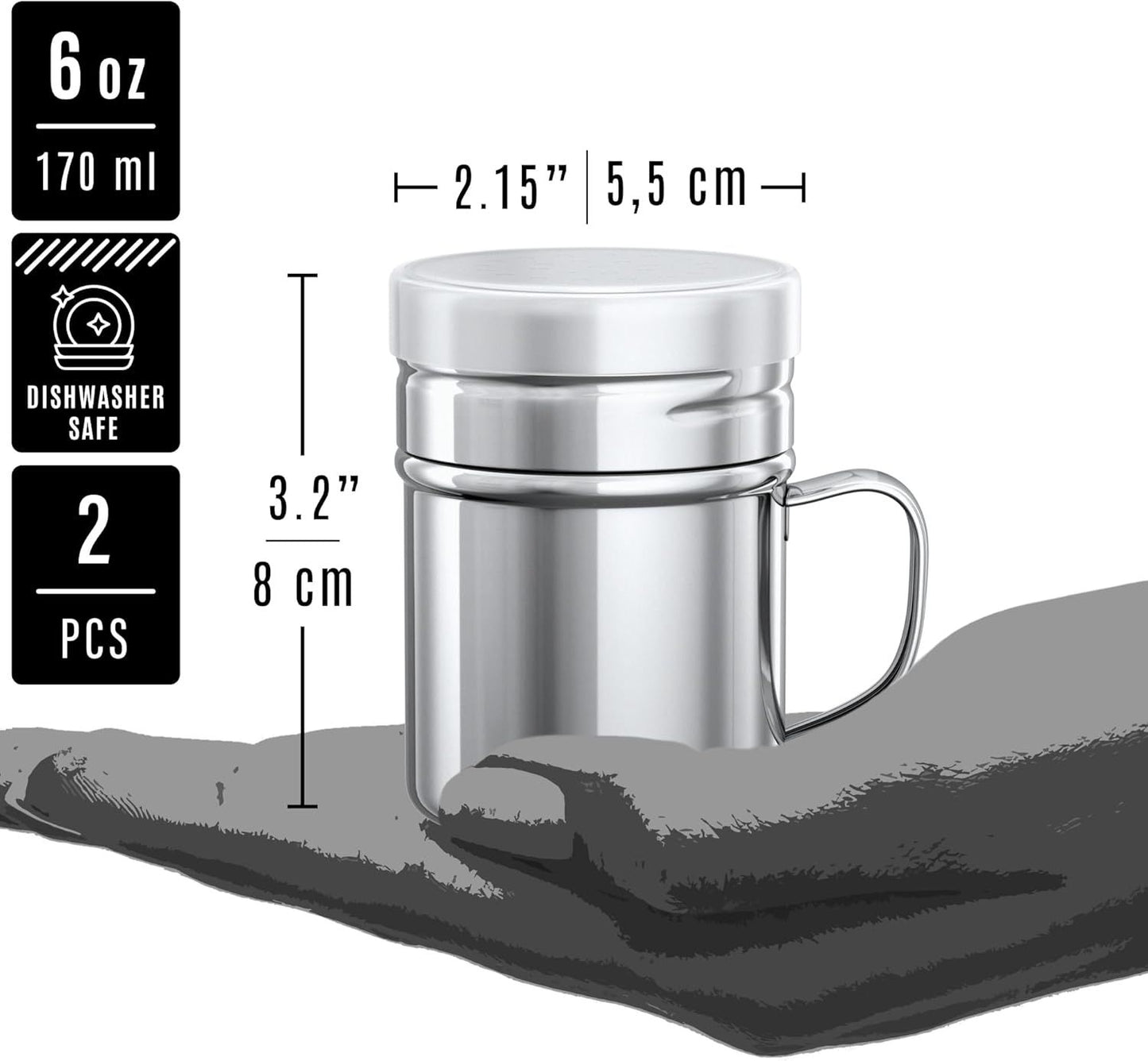 [2-pcs] 6 oz Metal Parmesan Cheese Shakers (Large Holes) + [2-pcs] 6 oz Stainless Steel Salt Pepper Dredge Shakers - All with Plastic Caps and Handles Bundle