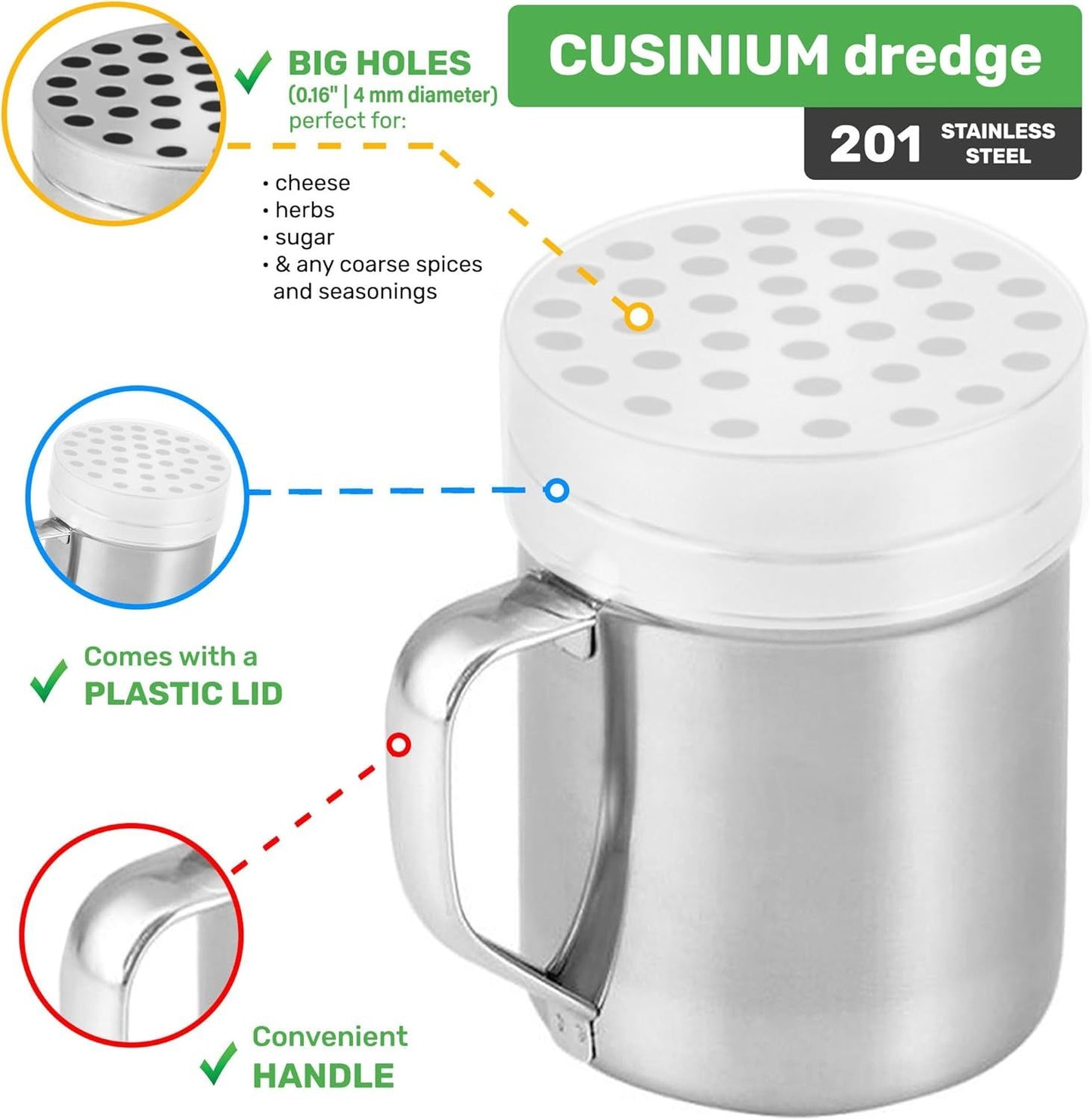 [3-pcs] 6 oz Stainless Steel Dredges (ine Mesh + Medium Holes + Large Holes) + [2-pcs] 6 oz Stainless Steel Salt Pepper Dredge Shakers - All with Plastic Caps and Handles Bundle