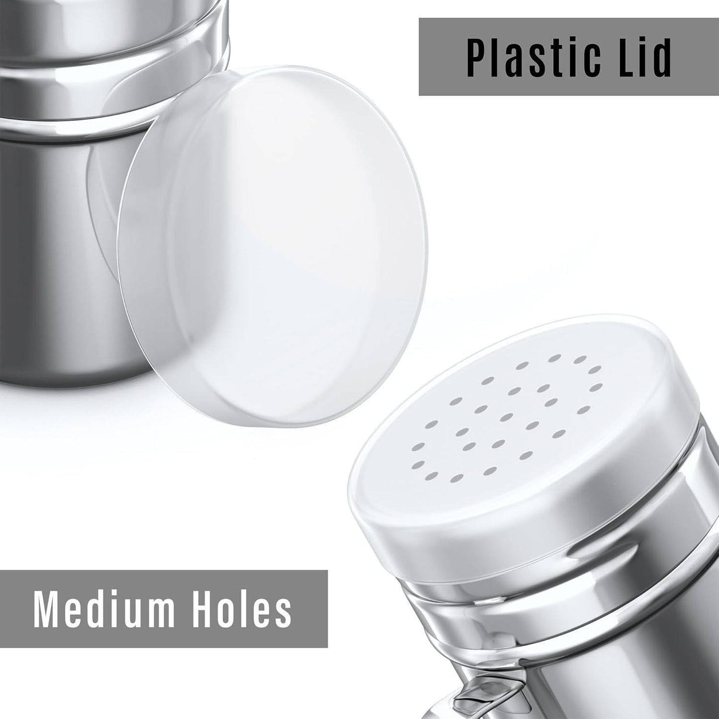 [3-pcs] 6 oz Stainless Steel Dredges (ine Mesh + Medium Holes + Large Holes) + [2-pcs] 6 oz Stainless Steel Salt Pepper Dredge Shakers - All with Plastic Caps and Handles Bundle