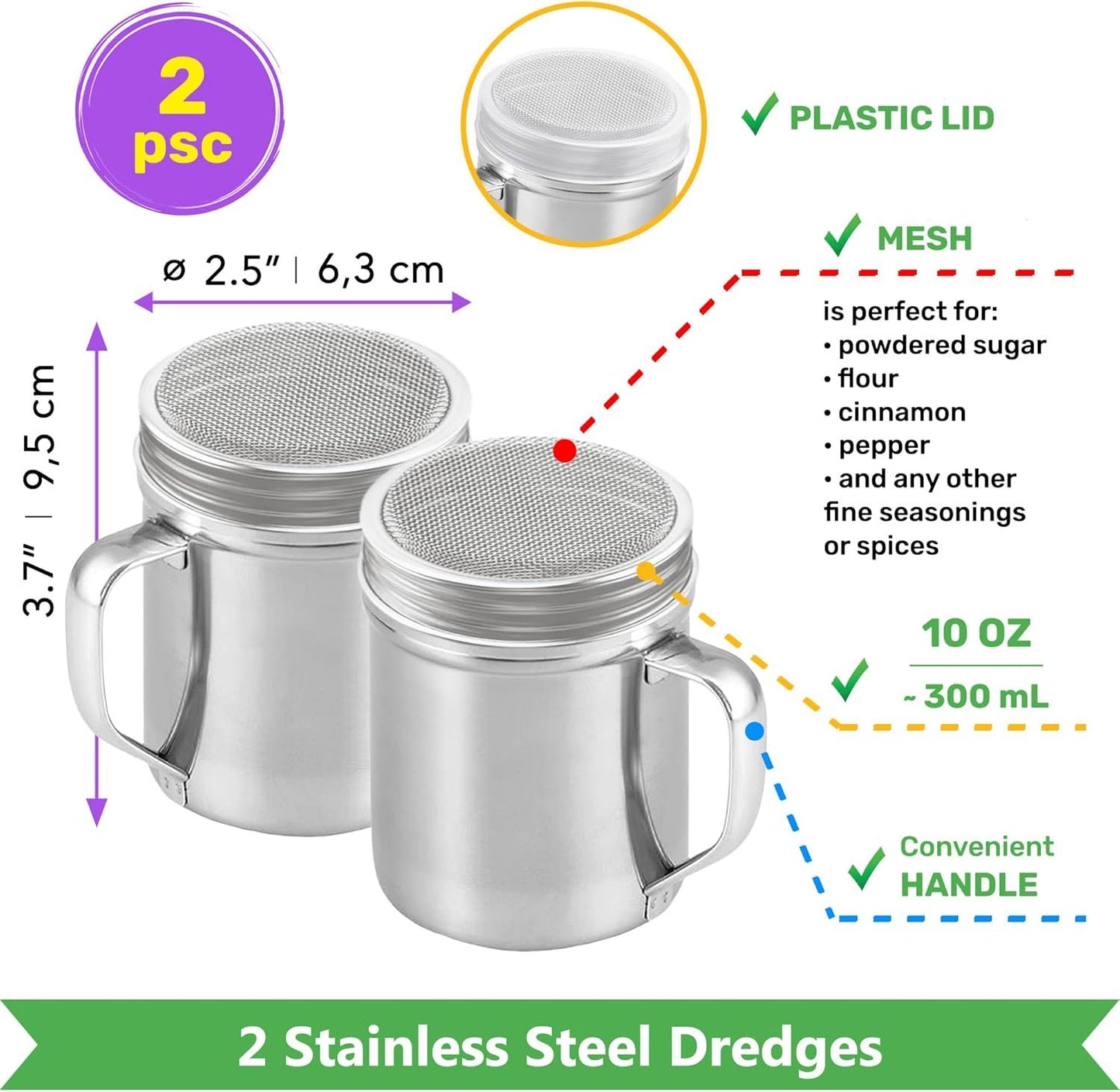 [10oz, 10oz, 14oz] Powdered Sugar Shakers + [2-pcs] 10 oz Metal Parmesan Cheese Shakers (Large Holes) - All with Plastic Caps and Handles Bundle