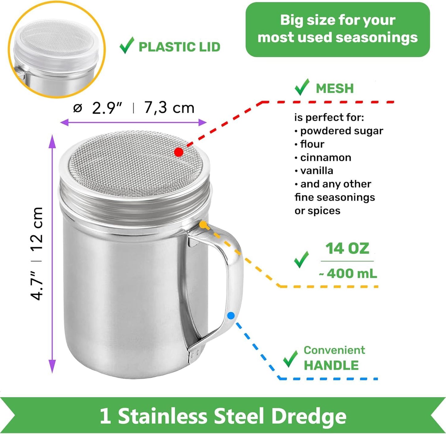 [10oz, 10oz, 14oz] Powdered Sugar Shakers + [2-pcs] 10 oz Metal Parmesan Cheese Shakers (Large Holes) - All with Plastic Caps and Handles Bundle