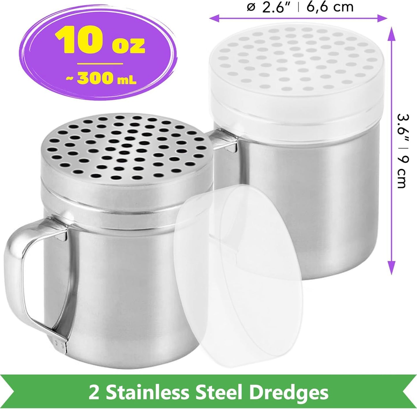 [10oz, 10oz, 14oz] Powdered Sugar Shakers + [2-pcs] 10 oz Metal Parmesan Cheese Shakers (Large Holes) - All with Plastic Caps and Handles Bundle