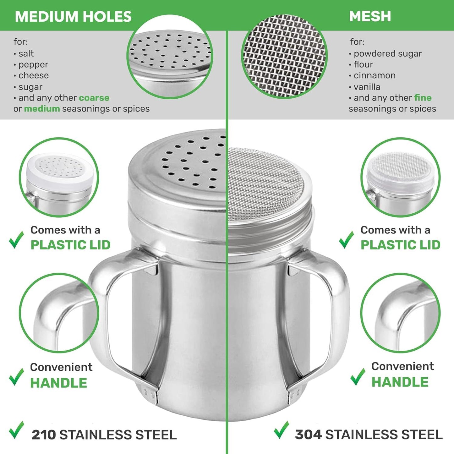 6 oz Powdered Sugar Shaker + 10 oz Salt Pepper Dredge + [2-pcs] Metal Parmesan Cheese Shakers (Large Holes) - All with Plastic Caps and Handles Bundle