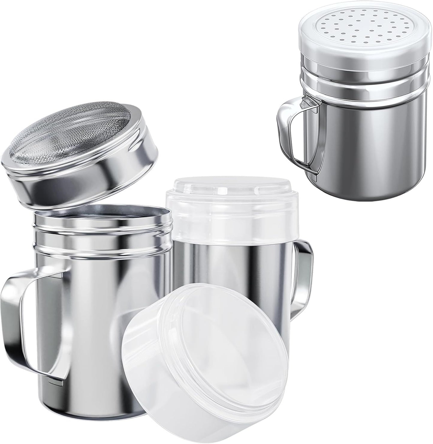 [2-pcs] 14 oz Powdered Sugar Shakers + [1-pc] 10 oz Stainless Steel Salt Pepper Dredge Shaker - All with Plastic Caps and Handles Bundle