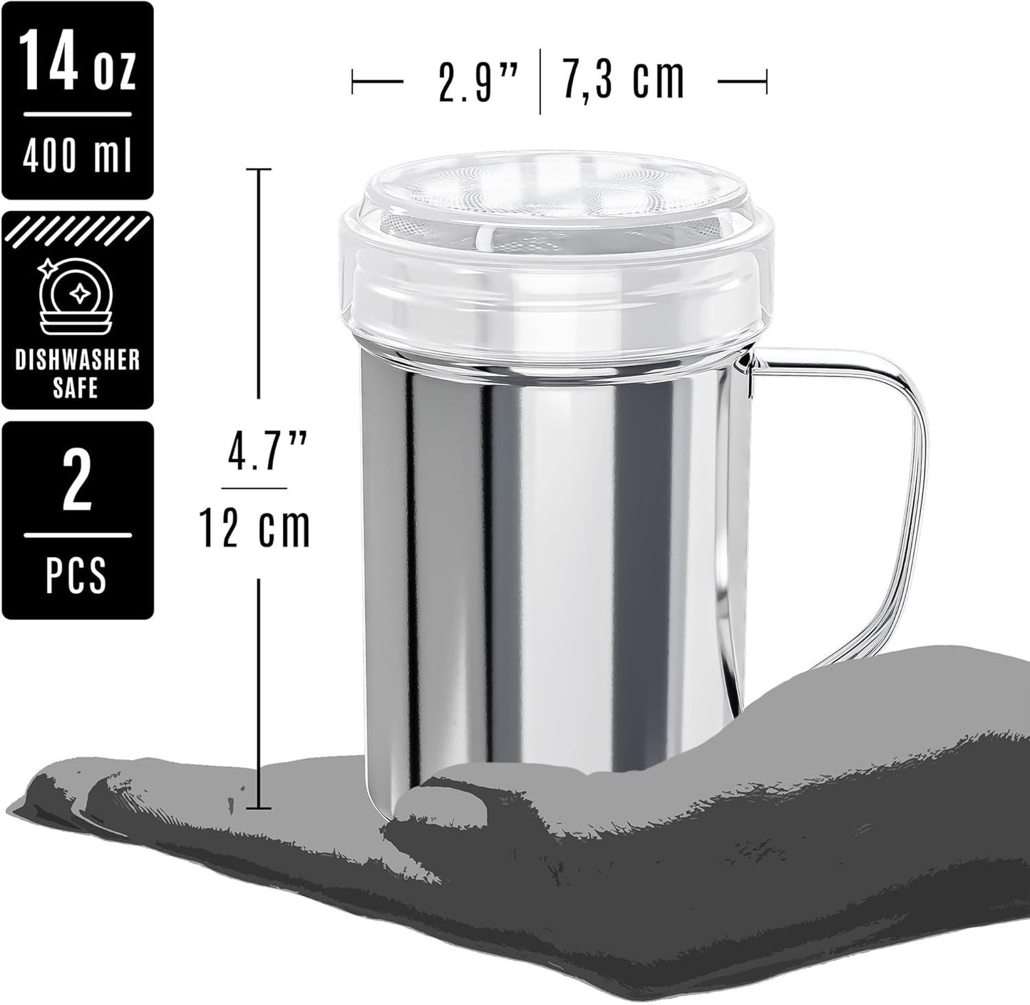 [2-pcs] 14 oz Powdered Sugar Shakers + [1-pc] 10 oz Stainless Steel Salt Pepper Dredge Shaker - All with Plastic Caps and Handles Bundle
