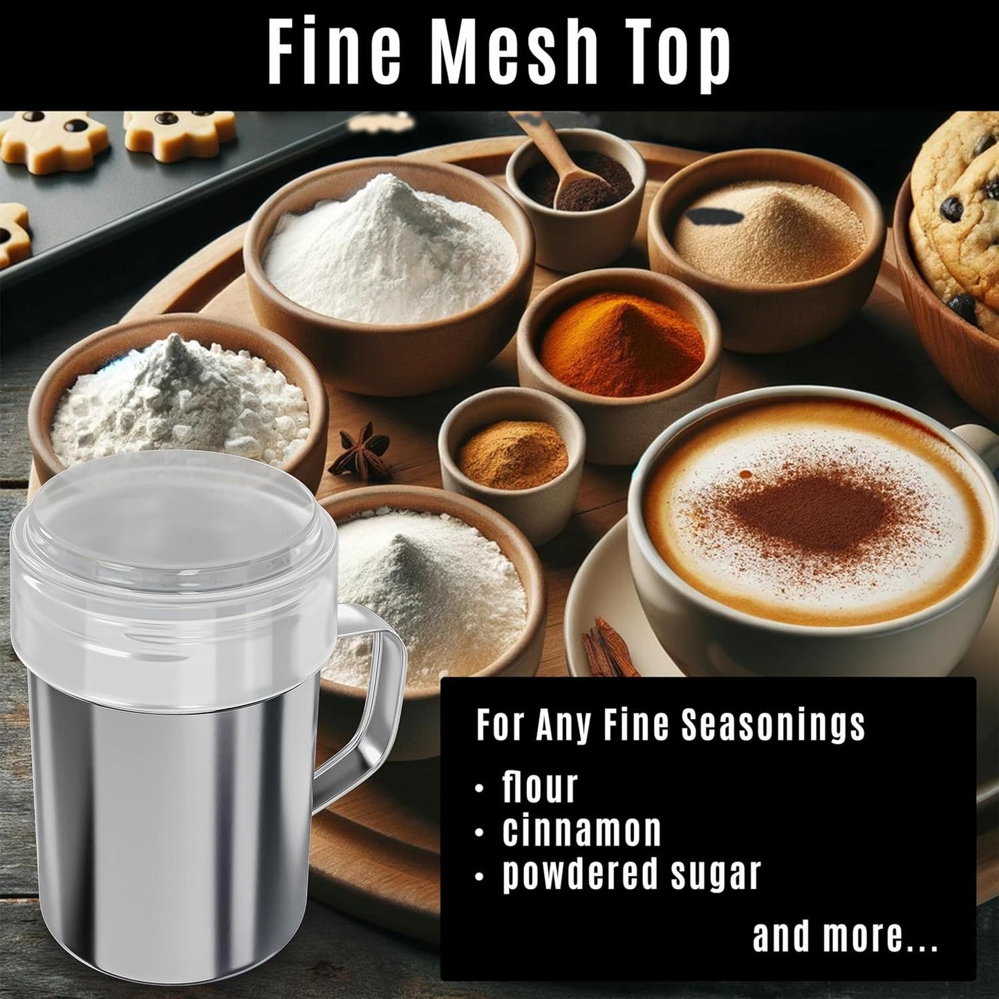 [2-pcs] 14 oz Powdered Sugar Shakers + [1-pc] 10 oz Stainless Steel Salt Pepper Dredge Shaker - All with Plastic Caps and Handles Bundle