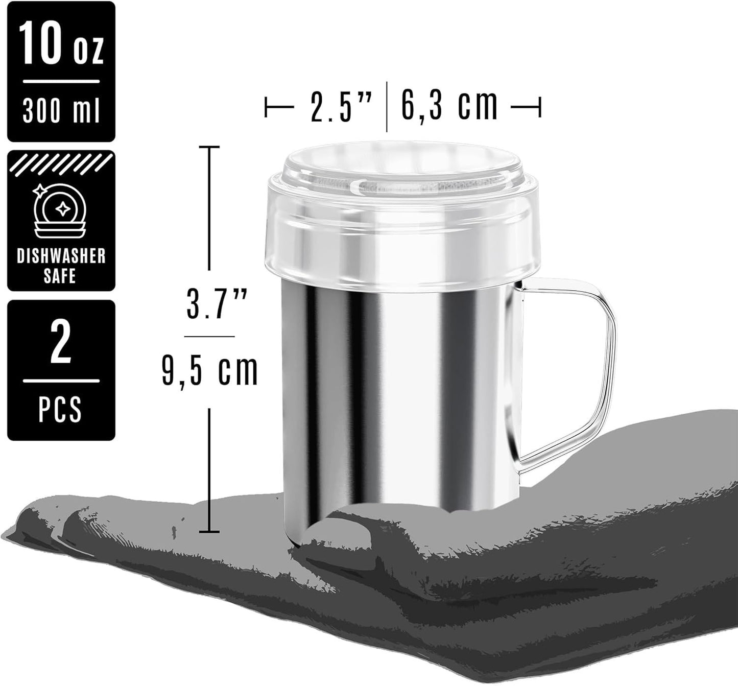 [2-pcs] 10 oz Powdered Sugar Shakers + [1-pc] 10 oz Stainless Steel Salt Pepper Dredge Shaker - All with Plastic Caps and Handles Bundle
