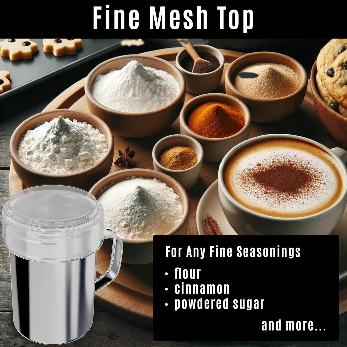 [2-pcs] 10 oz Powdered Sugar Shakers + [1-pc] 10 oz Stainless Steel Salt Pepper Dredge Shaker - All with Plastic Caps and Handles Bundle