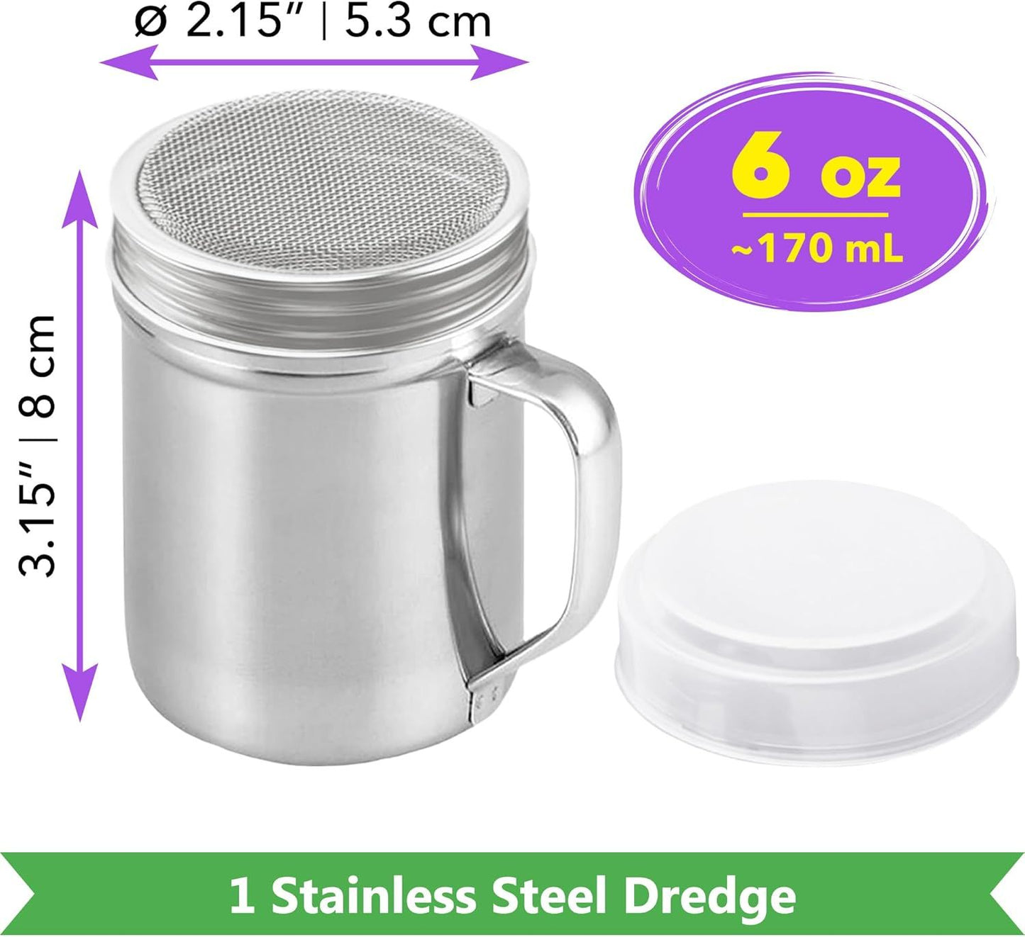[1-pc] 6 oz Powdered Sugar Shaker Duster + [2-pcs] 6 oz Stainless Steel Salt Pepper Dredge Shakers - All with Plastic Caps and Handles Bundle