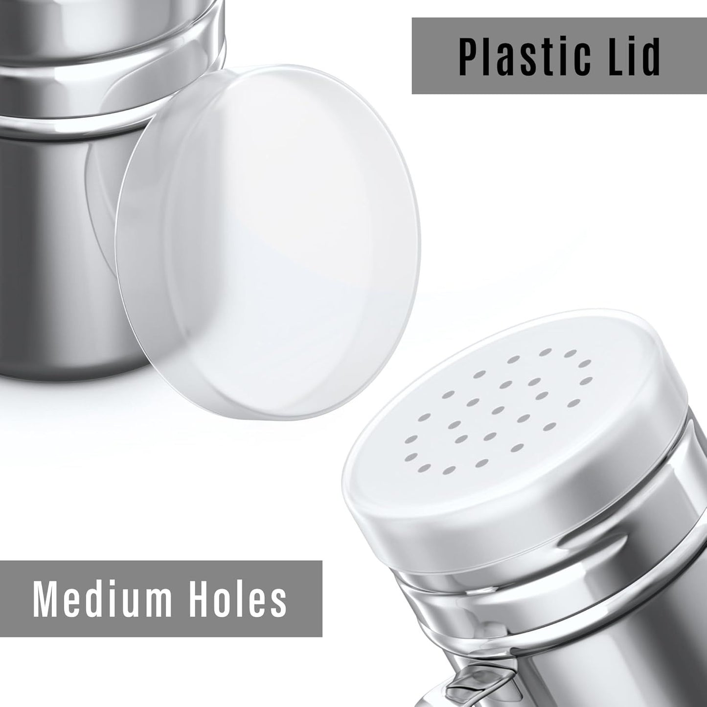 [1-pc] 6 oz Powdered Sugar Shaker Duster + [2-pcs] 6 oz Stainless Steel Salt Pepper Dredge Shakers - All with Plastic Caps and Handles Bundle