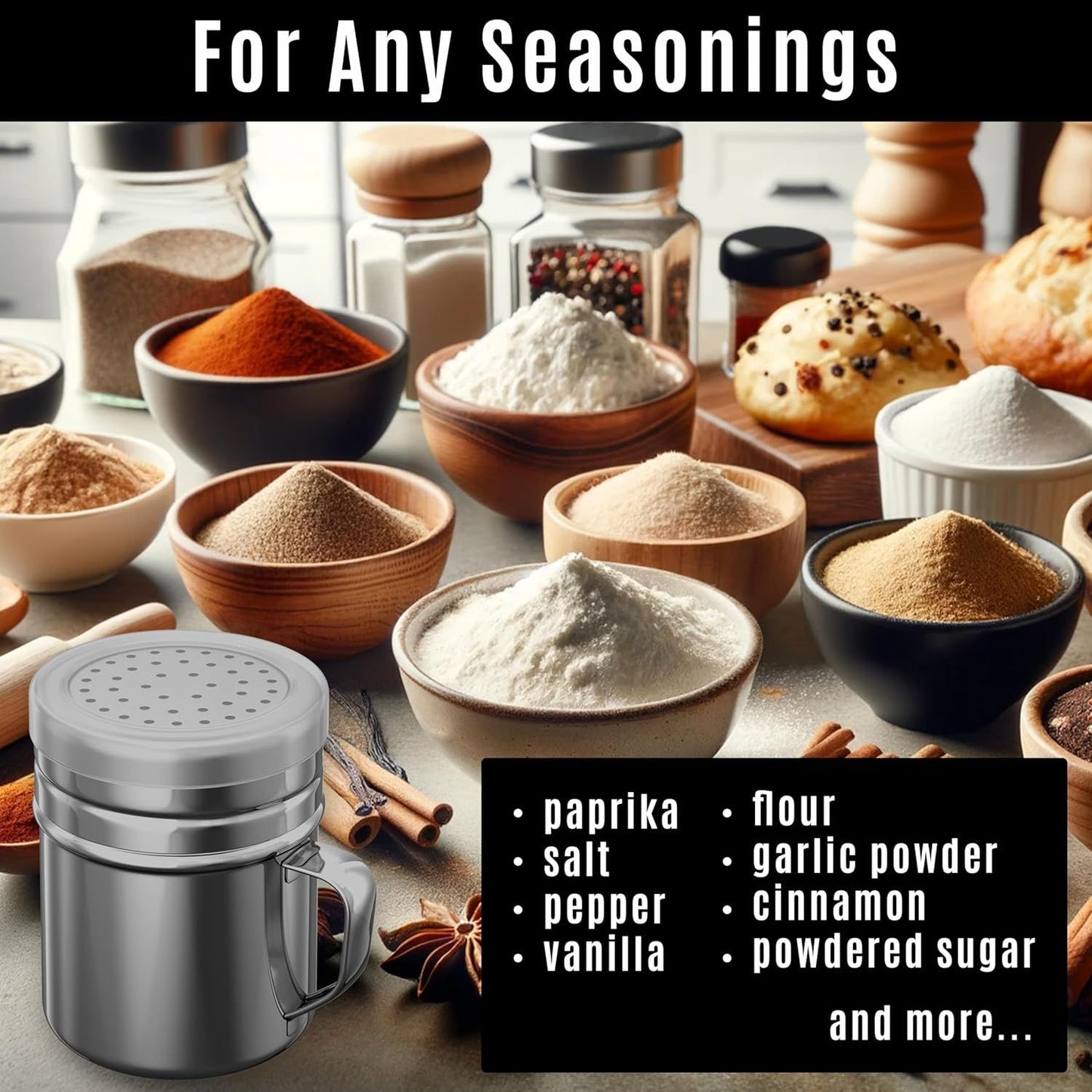 [6-pcs] 10 oz Stainless Steel Salt Pepper Dredge Shakers + [2-pcs] 10 oz Powdered Sugar Shakers - with Plastic Caps & Handles Bundle