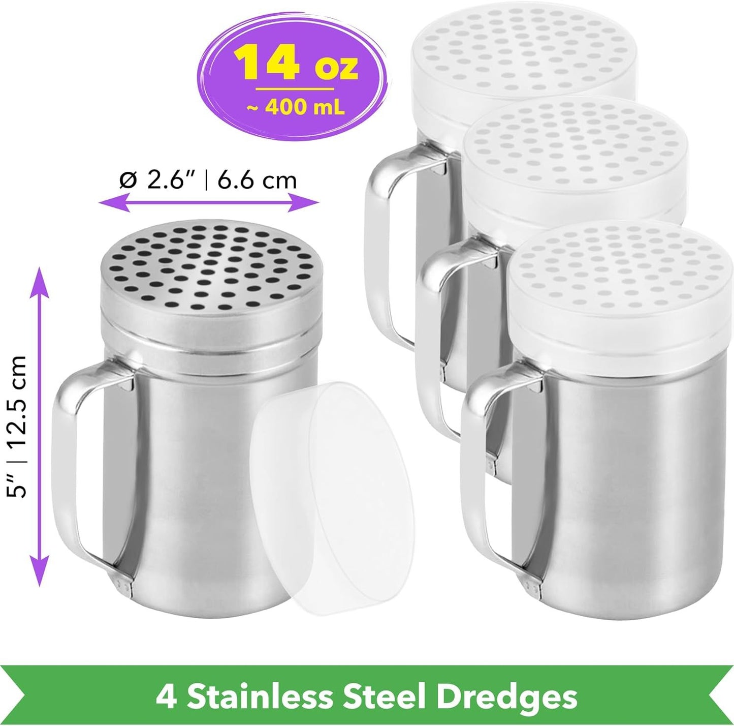 [4-pcs] 14 oz Metal Parmesan Cheese Shakers (Large Holes) + [1-pc] 10 oz Stainless Steel Salt Pepper Dredge Shaker - with Plastic Caps & Handles Bundle