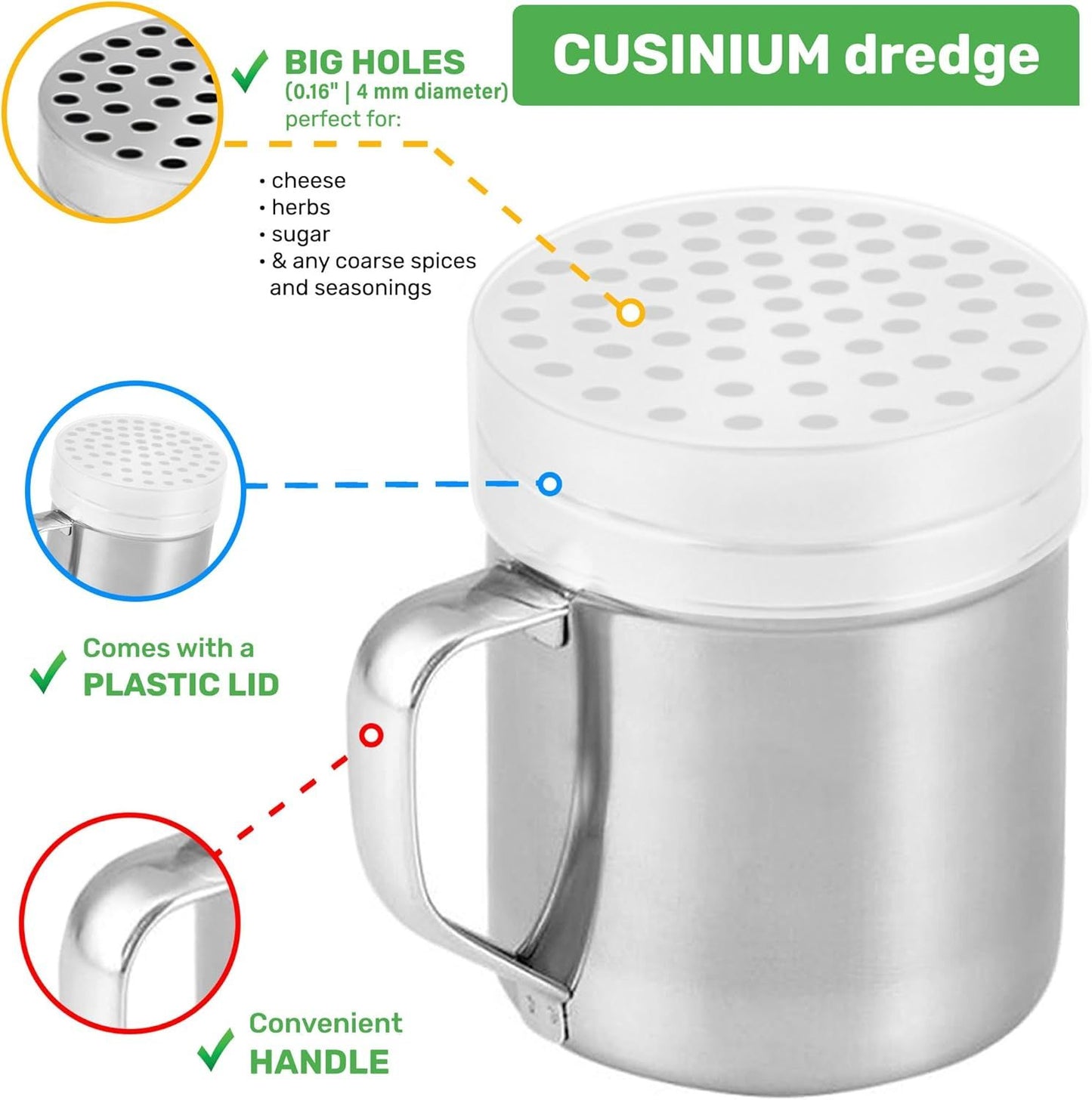 [3-pcs] 10 oz Metal Parmesan Cheese Shakers (Large Holes) + [1-pc] 10 oz Stainless Steel Salt Pepper Dredge Shaker - with Plastic Caps & Handles Bundle