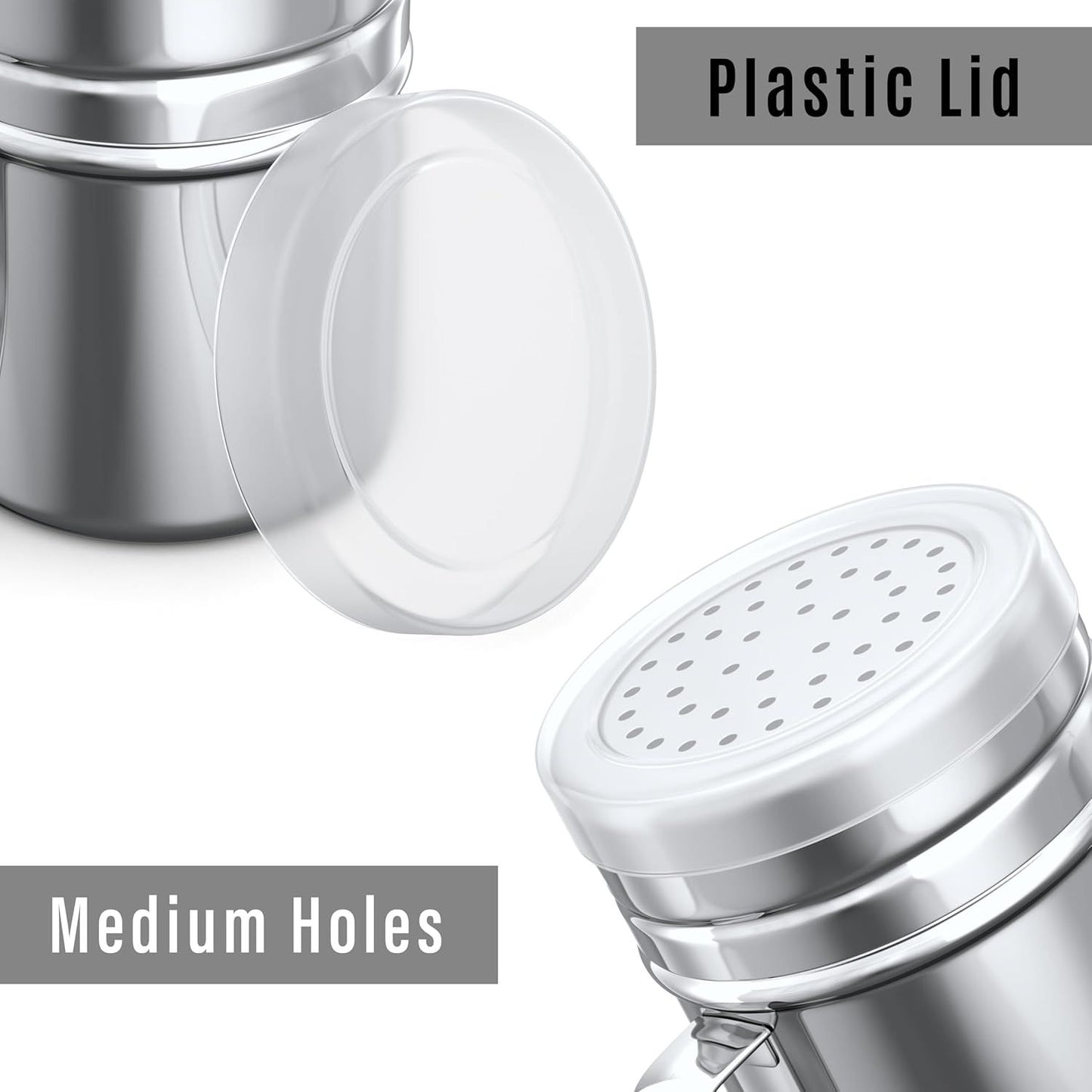 [3-pcs] 10 oz Metal Parmesan Cheese Shakers (Large Holes) + [1-pc] 10 oz Stainless Steel Salt Pepper Dredge Shaker - with Plastic Caps & Handles Bundle
